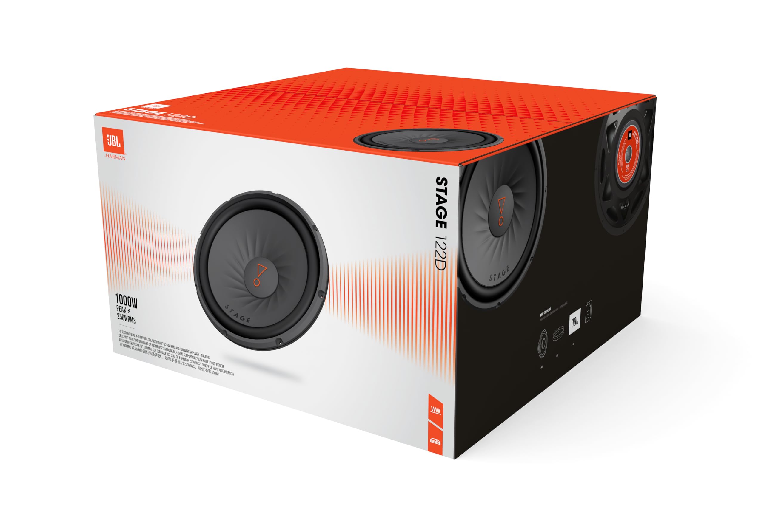 JBL Stage 122D subwoofer passivo 12 pollici (30 cm), doppia bobina 2 ohm, 250 W RMS / 1000 W picco, cono in polipropilene, cablaggio flessibile, bassi profondi, design compatto e resistente