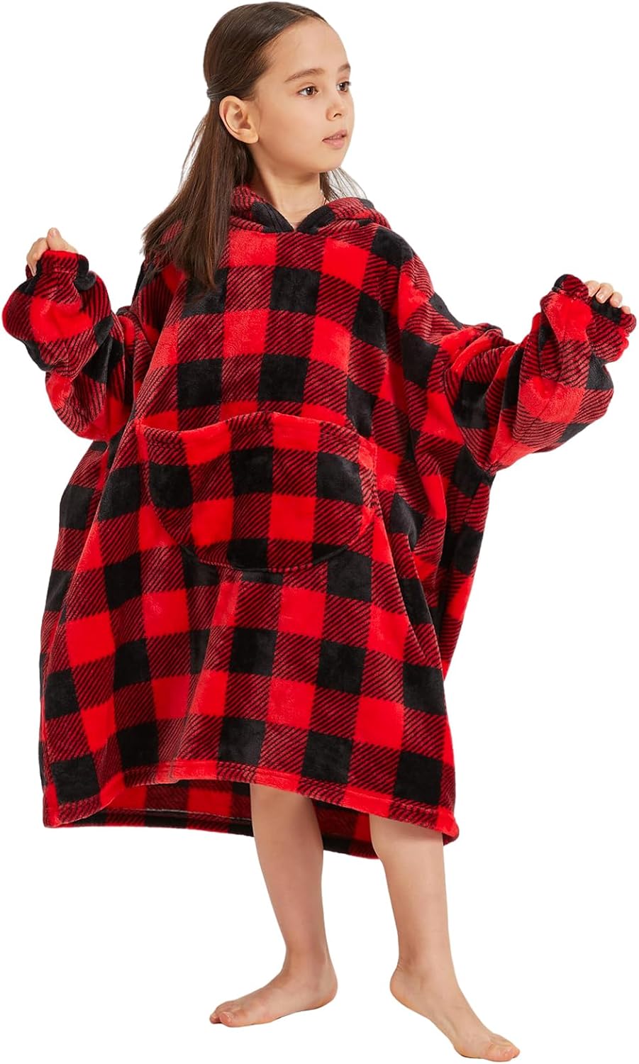 Wearable Blanket Hoodie Red Plaid Warm Sweatshirt Hooded Blanket One Size Fits All
