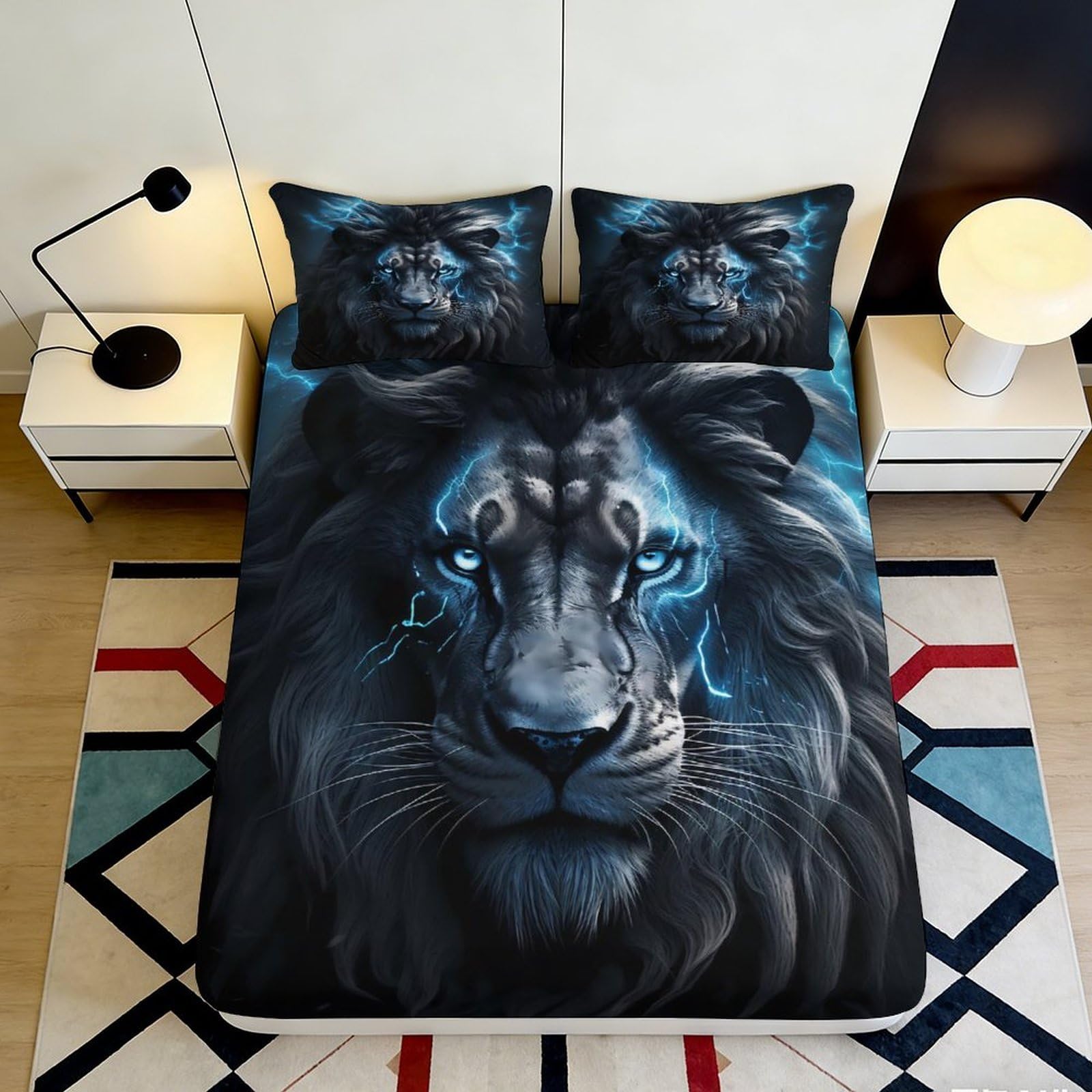 Dhbaneiok Style-7 3D Printed Black Lion Fitted Sheet Microfiber Soft Breathable Blue Lion Mattress Cover For Bedroom Dorm Decor 90X200x25cm