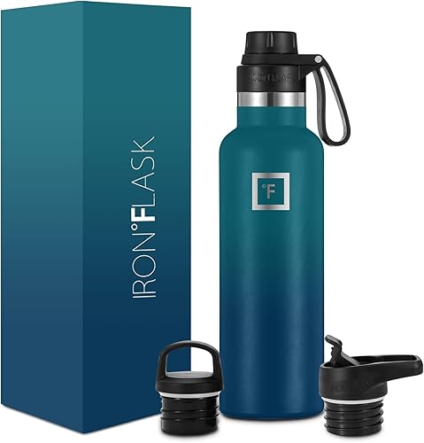 IRON FLASK Cantinas de hidratación para acampar y senderismo, 3 tapas (tapa estrecha con pajillaboquilla) a prueba de fugas, acero inoxidable