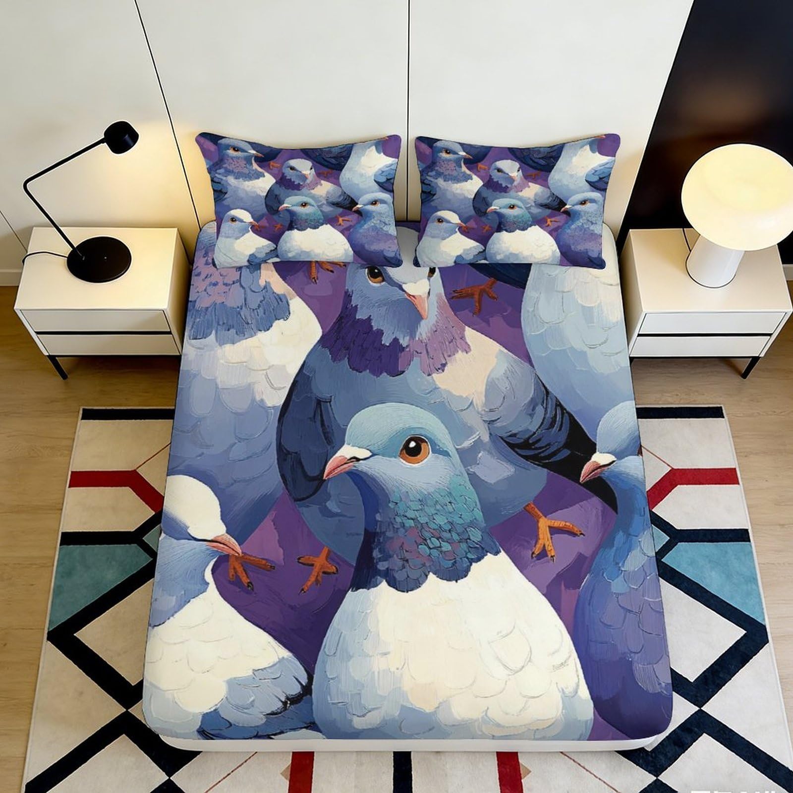 3D Printed Blue Pigeon Fitted Sheet Microfiber Soft Breathable Purple Bird Mattress Cover for Bedroom Dorm Decor 160x200x25cm