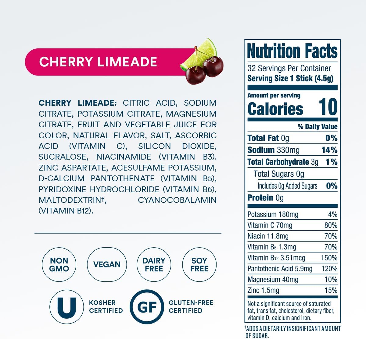 DripDrop Sugar Free Hydration Packets - Zero Cherry Limeade - Single Serve Electrolytes Powder Drink Mix - Non-GMO, Gluten Free, Vegan - 32 Sticks - Image 5