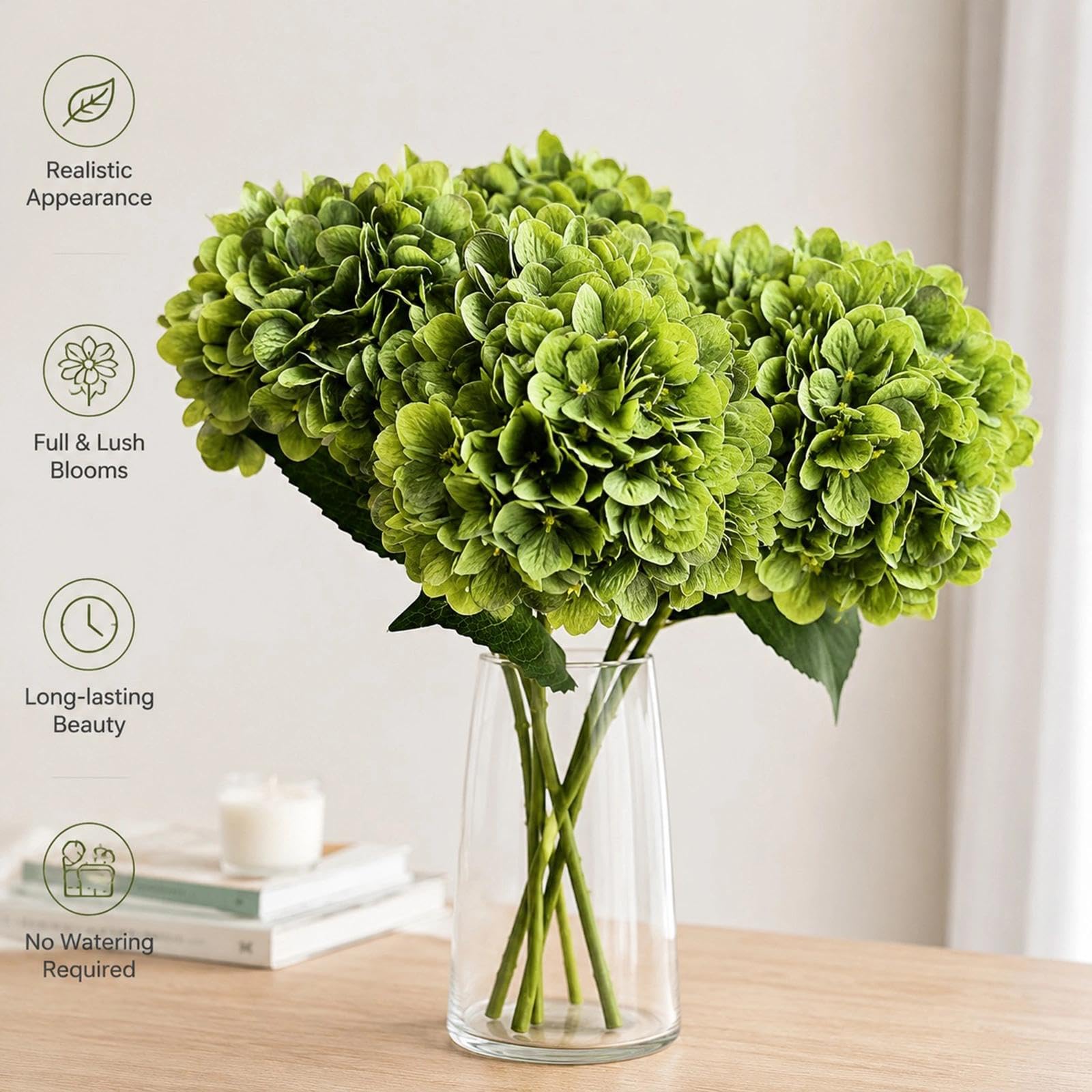 5er Set Hortensien Kunstblumen 68cm Seidenblumen(Grün) | Ø 16cm Blüten, Real-Touch, mit Blättern. Perfekt für Vase, Tischdeko, Hochzeit, Brautstrauß, Büro, Hotel, DIY