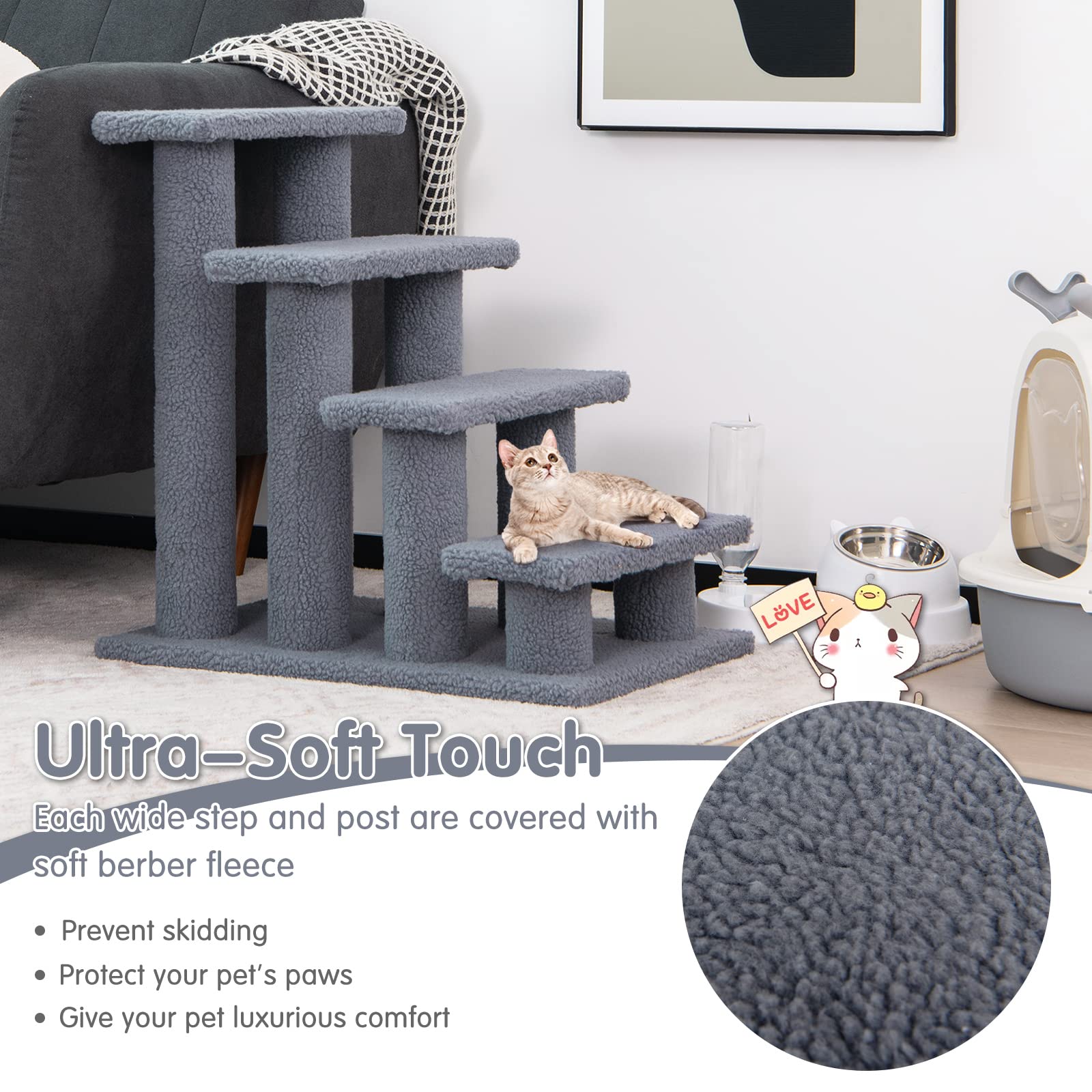 Tangkula Escaleras para mascotas para gatos y perros, rampa de escalera alfombrada de 4 escalones, poste rascador para gatos, escaleras para perros de varios escalones para camas altas, sofá (gris)