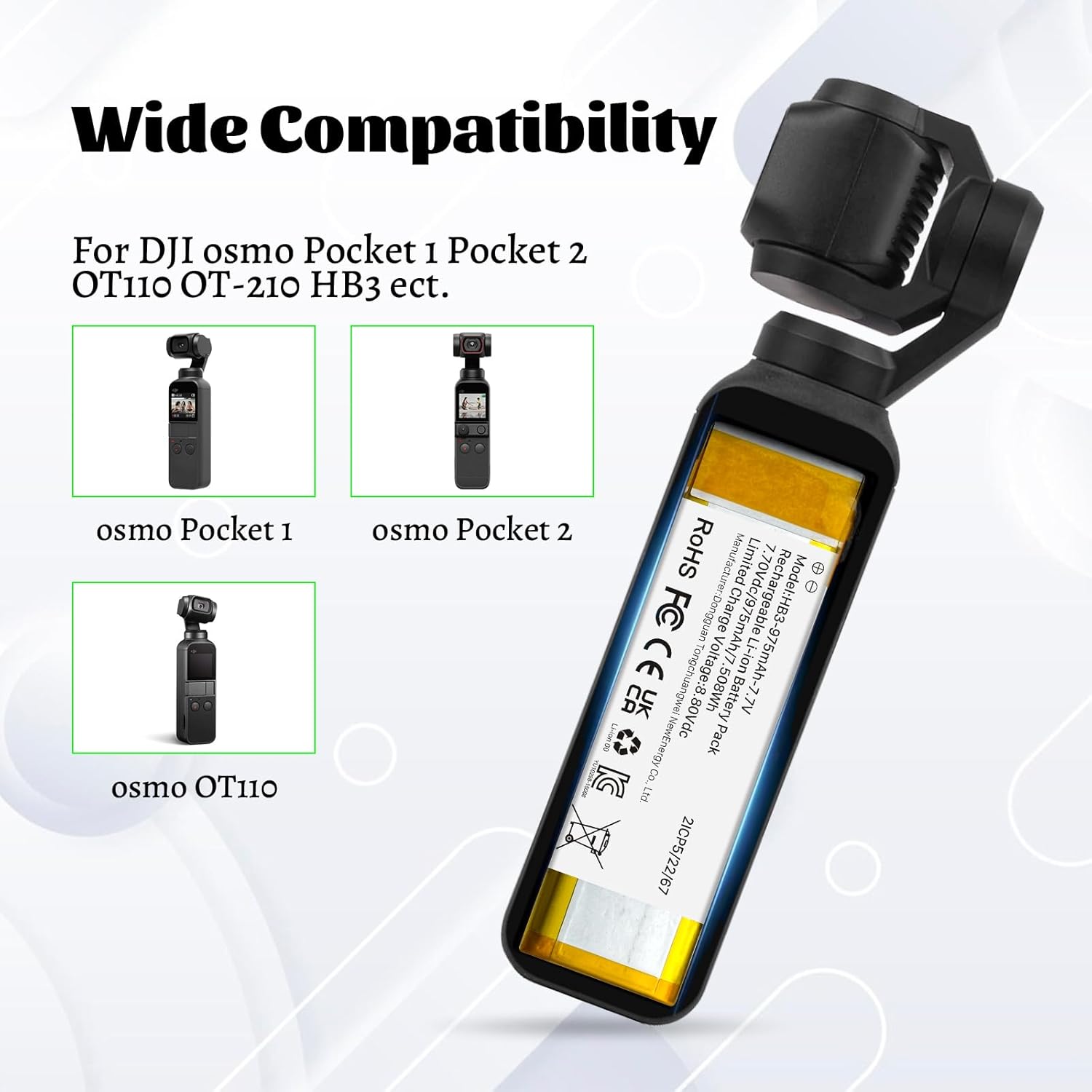 Battery for DJI osmo Pocket 1/2, 975mAh 7.7V Camera Replacement Battery for DJI osmo Pocket 1 and 2 OT110 OT-210 HB3