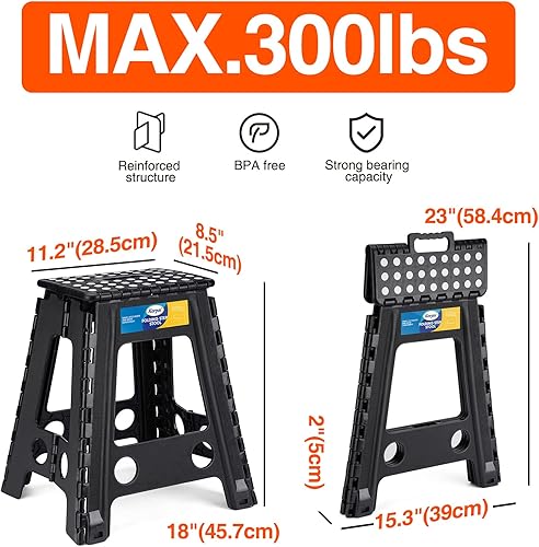 Miniatura 2 de Korpai Taburete plegable de 18" para adultos y niños con capacidad para hasta 300 lb, antideslizante con mango portátil, de plástico compacto para