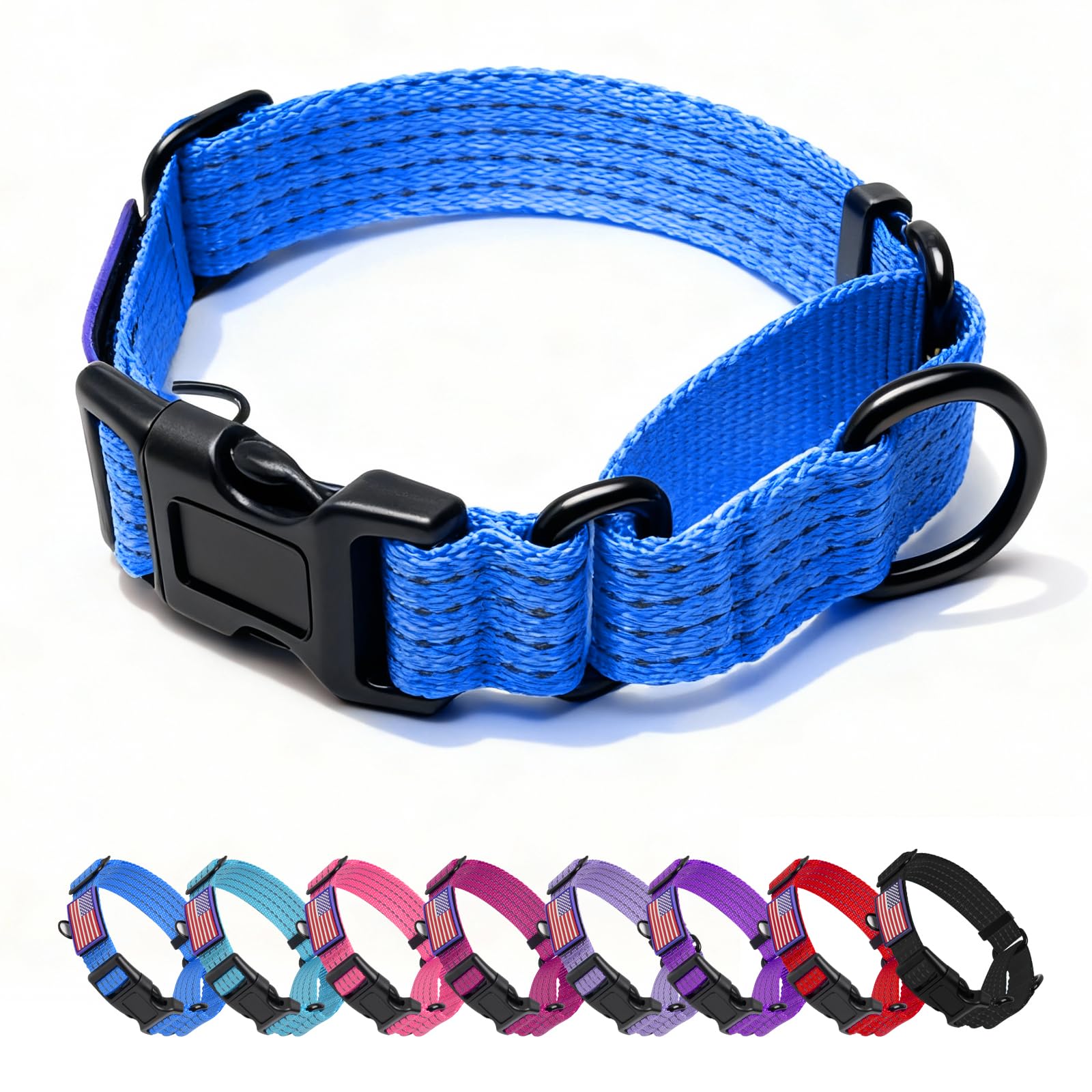 Martingale Dog Collar Reflective NO Pull with USA Flag, L,Blue