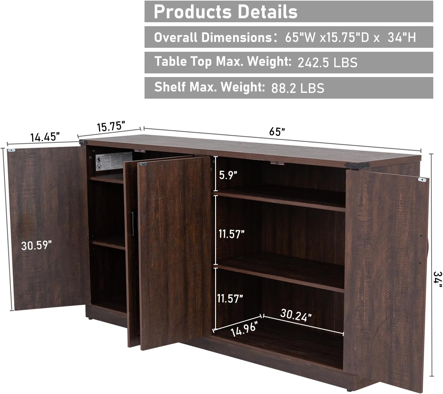 Sideboard Buffet Cabinet with Storage - 65’’ Large Farmhouse Buffet Table Coffee Bar Cabinets, Modern Accent Cabinet with Adjustable Shelf and 4 Doors, for Kitchen, Dining Room, Living Room, Brown