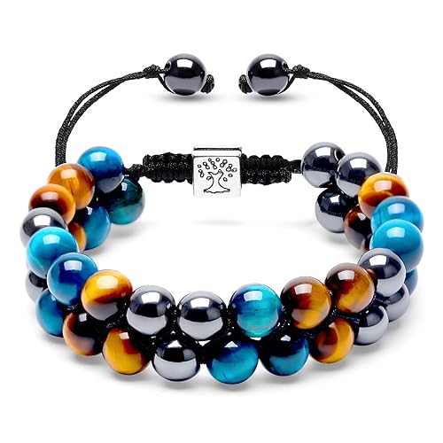 Ckkllws Triple Protection Bracelet for Men Women,Genuine Blue Tigers Eye Hematite and Yellow Tiger Eye 8mm Beads Healing Crystal Bracelet,Bring Luck