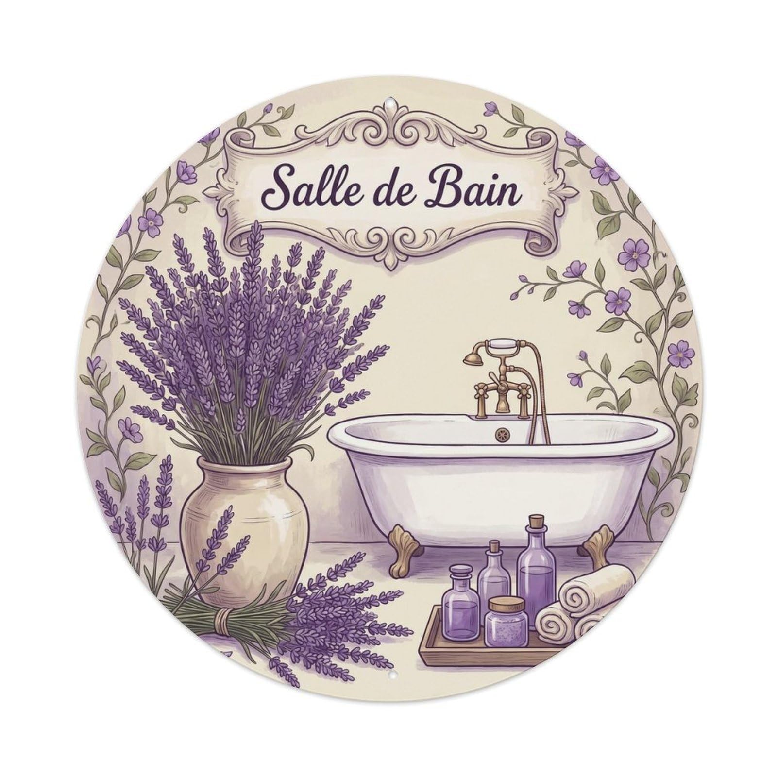 Yrnq Vintage Style Salle Lavender Shabby Bathroom Decor Vintage Metal Tin Sign Plaque Wall Decor For Cafe, Club, Garden Round Metal Poster 8X8inch