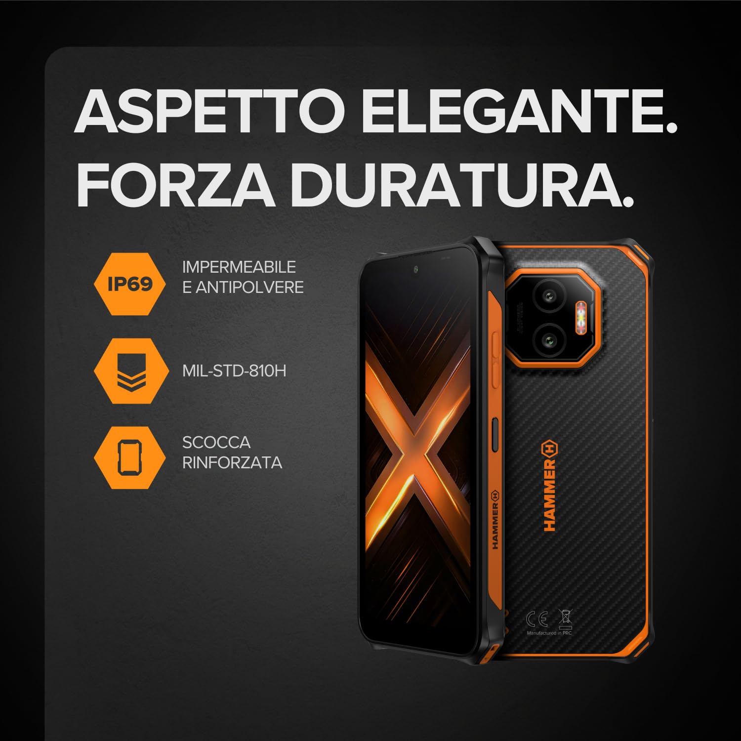 HAMMER ENERGY X2 5G Smartphone rugged Android 15, Telefono indistruttibile 6,1", IP69, 6 + 8 GB RAM, 128 GB di memoria, 5000 mAh, eSIM, garanzia 2 anni