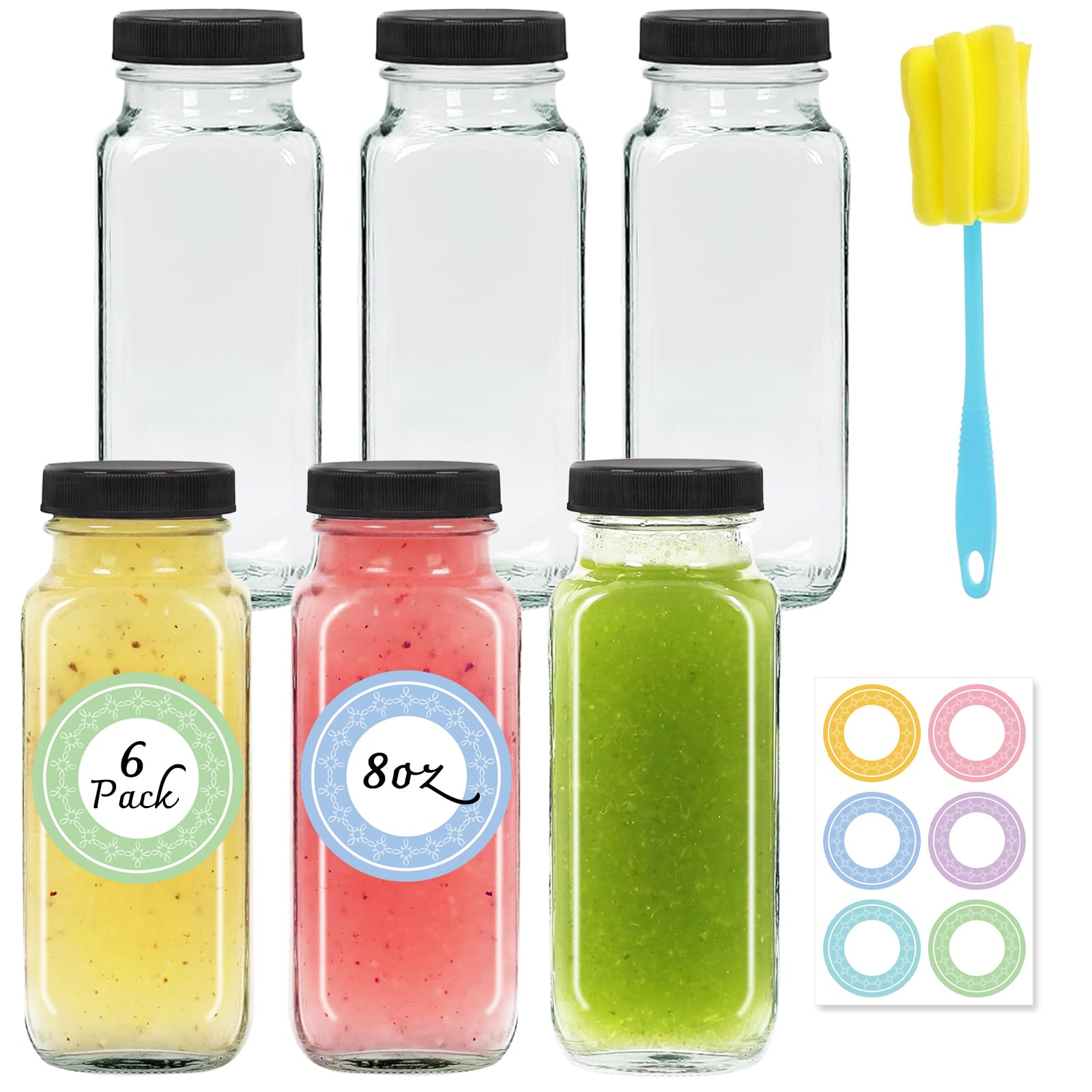 NEWMIAO 6 pack 8 oz Glass Juice Bottles with Lids, 250 ml Reusable Glass Water Bottles, Empty Drink Containers Drinking Jars with Brush, for Milk,
