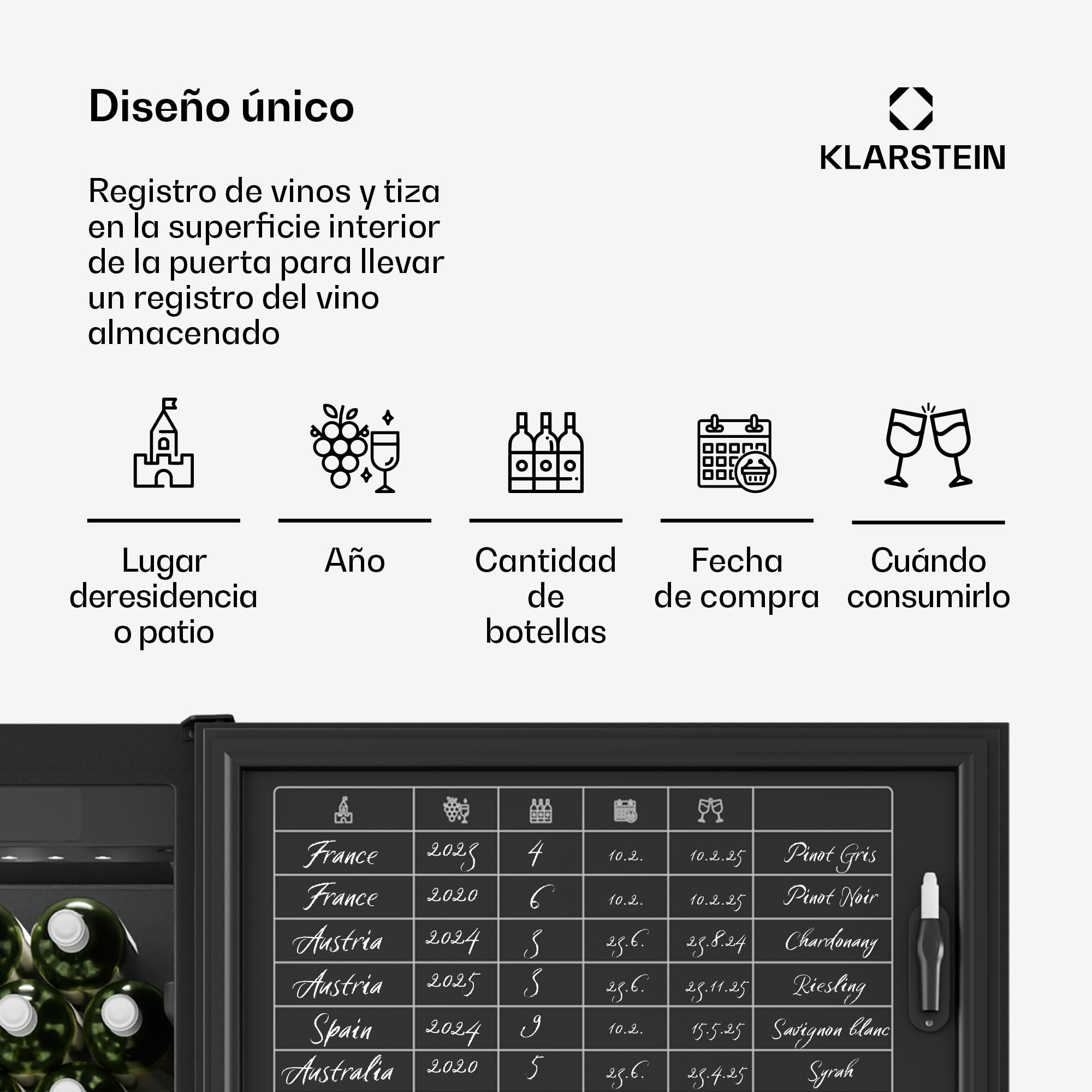 KLARSTEIN CellarMax Vinoteca Grande - 155 Botellas, 5-20°C, Control Táctil, Puerta Metálica, Cerradura, Alarma, Independiente, Nevera Para Vinos