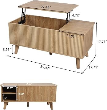 Boho Lift Top Coffee Table with Storage for Living Room, Bedroom, Rectangle Low Fluted Coffee Table with Drawers, Contemporary Pop Up Cofee Table Convertible Rising (Natural)