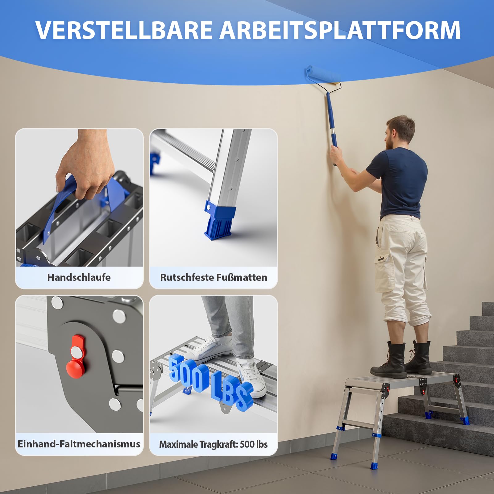 Plataforma de trabajo plegable para adultos, taburete de aluminio plegable, altura ajustable, escalera de aluminio portátil ligera y resistente, capacidad de carga máxima de 500 libras.