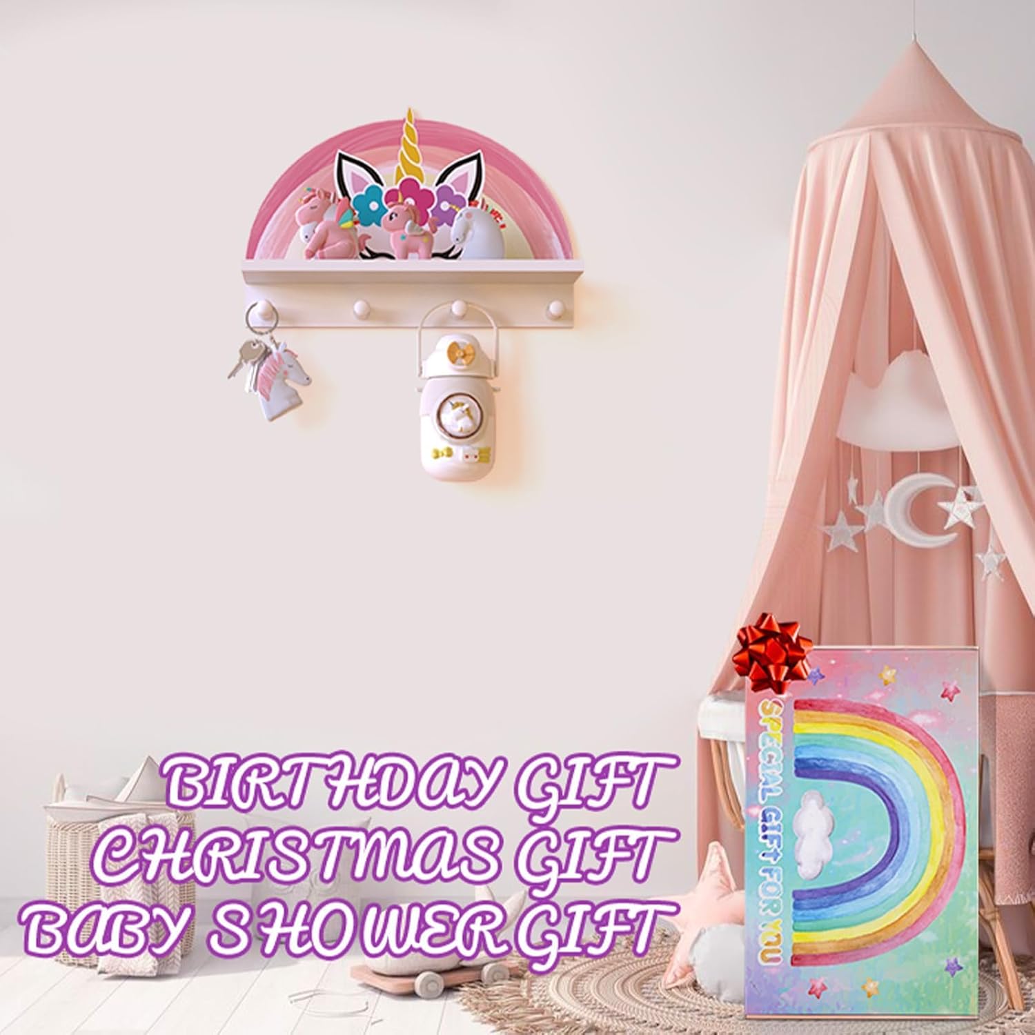 Garybank Unicorn Wall Shelf Decor for Girls Bedroom, Rainbow Decoration Kids Coat Rack with Hooks, Floating Stand Wall Mounted Kids Coat Rack Decor for Girls Bedroom, Wooden Peg Shelf for Clothes
