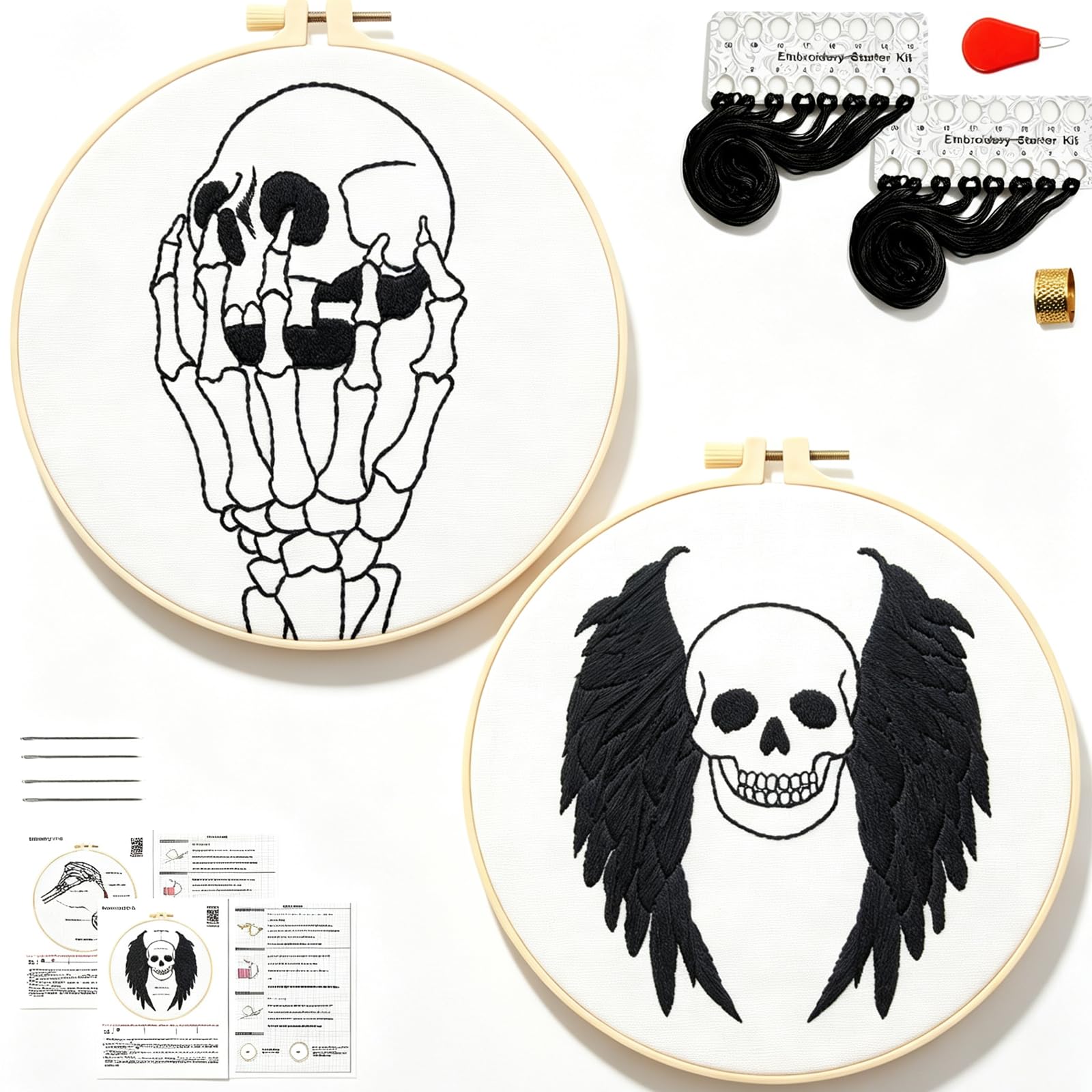 Skull Halloween Embroidery Kits for Beginners Adults, Gothic Embroidery Sets Needlepoint Kits, Halloween Stamped Cross Stitch Kits for Beginners Adults, 2 Embroidery Hoops (Attached Video Tutorial)