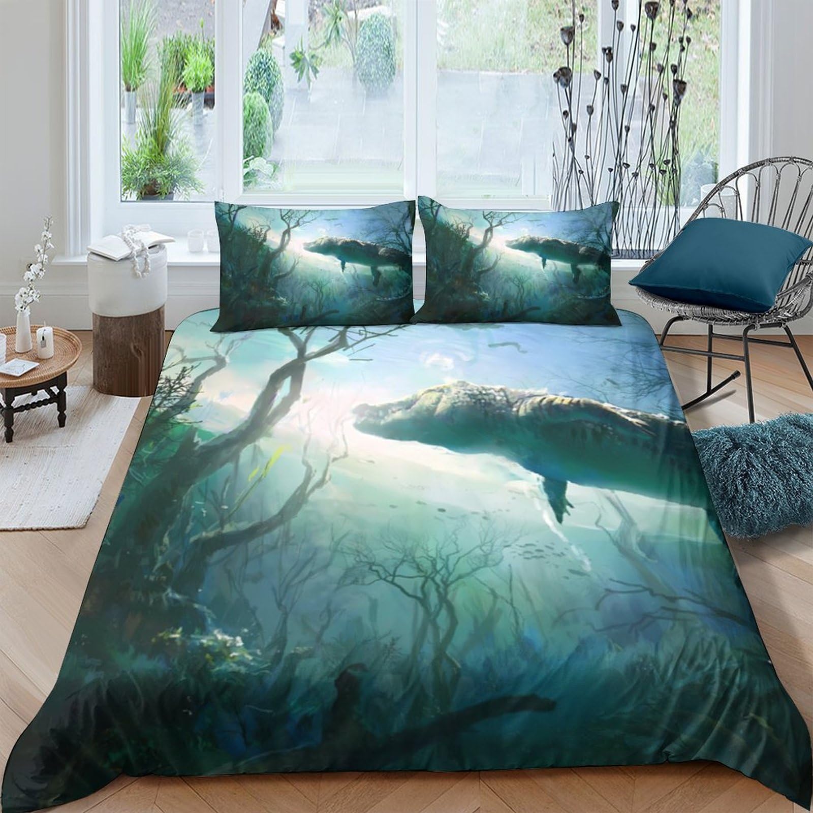 Ctjqhvkz Style-4 3D Printed Forest Lake Fitted Sheet Microfiber Soft Breathable Whale Ocean Mattress Cover For Bedroom Decor Single（135X200cm）