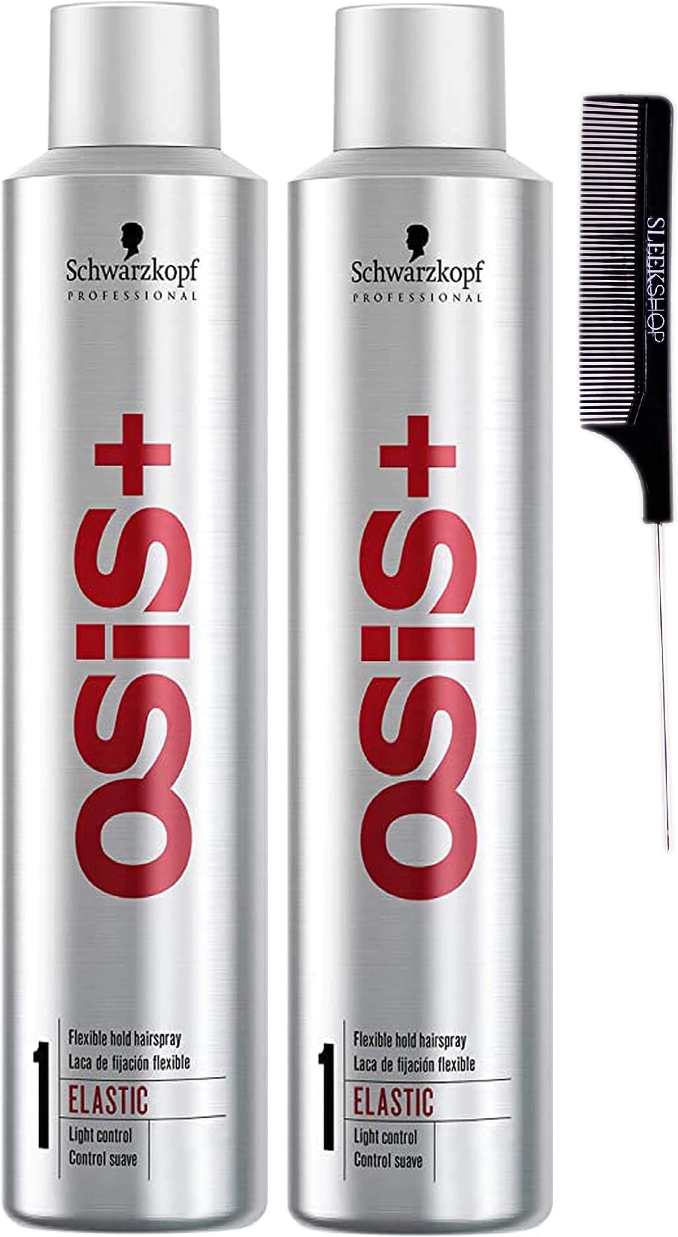 Schwarzkopf OSIS + ELASTIC Finish 1 Flexible Hold Hairspray, LIGHT CONTROL (with Sleek Steel Pin Tail Comb) (14.6 oz (PACK OF 2))