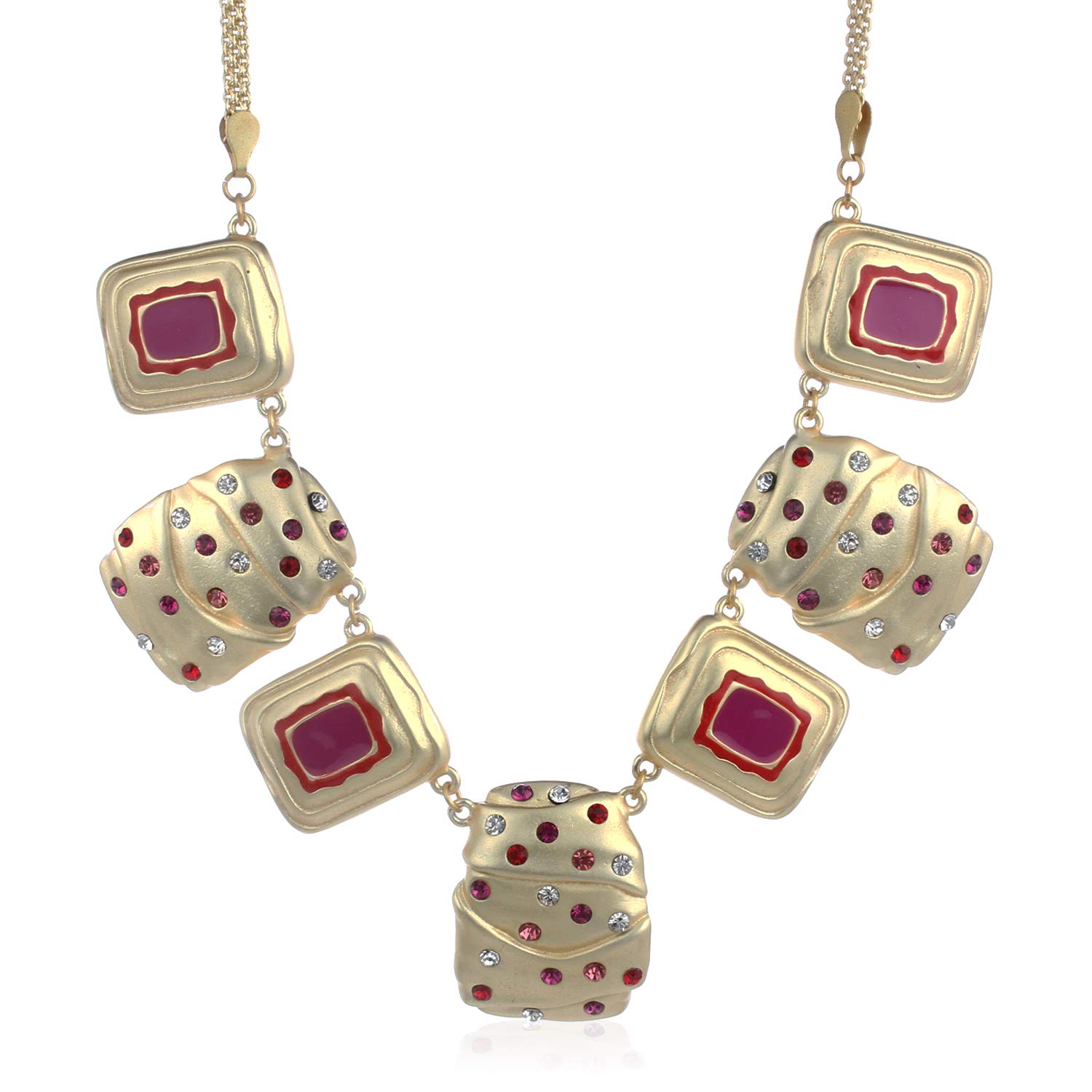 EsteleSatin Matt Gold Tone Plated Pink Enamel and Multi Colour Crystal Necklace Set