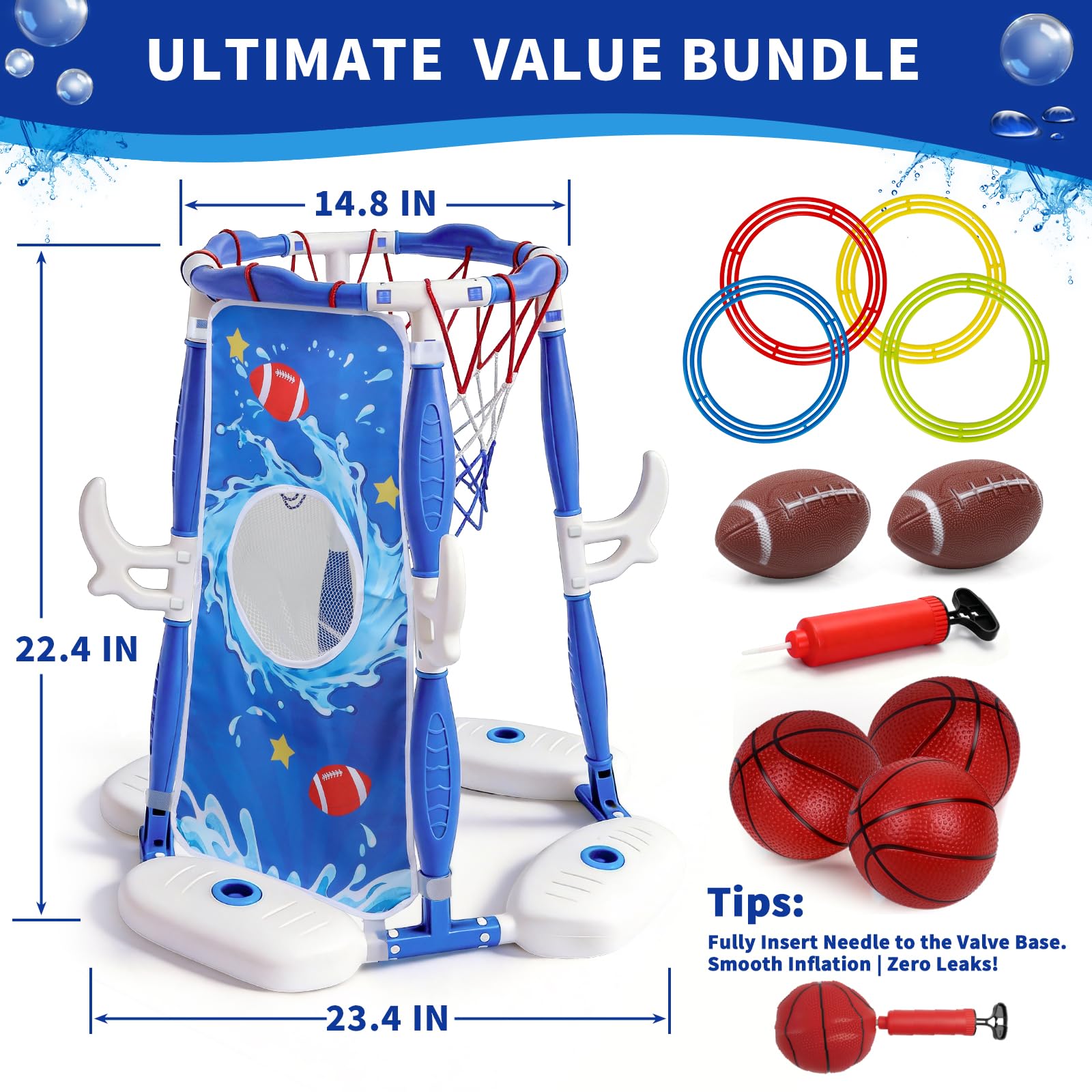 3-in-1 Schwimmender Pool Basketball Hoop Spielzeug Set mit Wasserfußball & Ringwurfspiel - Enthält 3 Basketbälle, 2 Fußbälle & 12 Ringe - Ultimatives Poolspielzeug Geschenk Kinder & Erwachsene