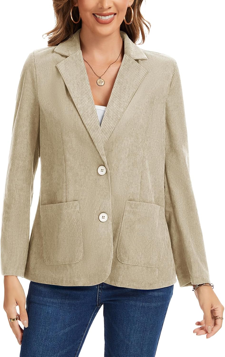 Women's Corduroy Blazers Casual Long Sleeve Notch Lapel Work 2-Button Open Front Blazer Jackets Pockets - Image 5