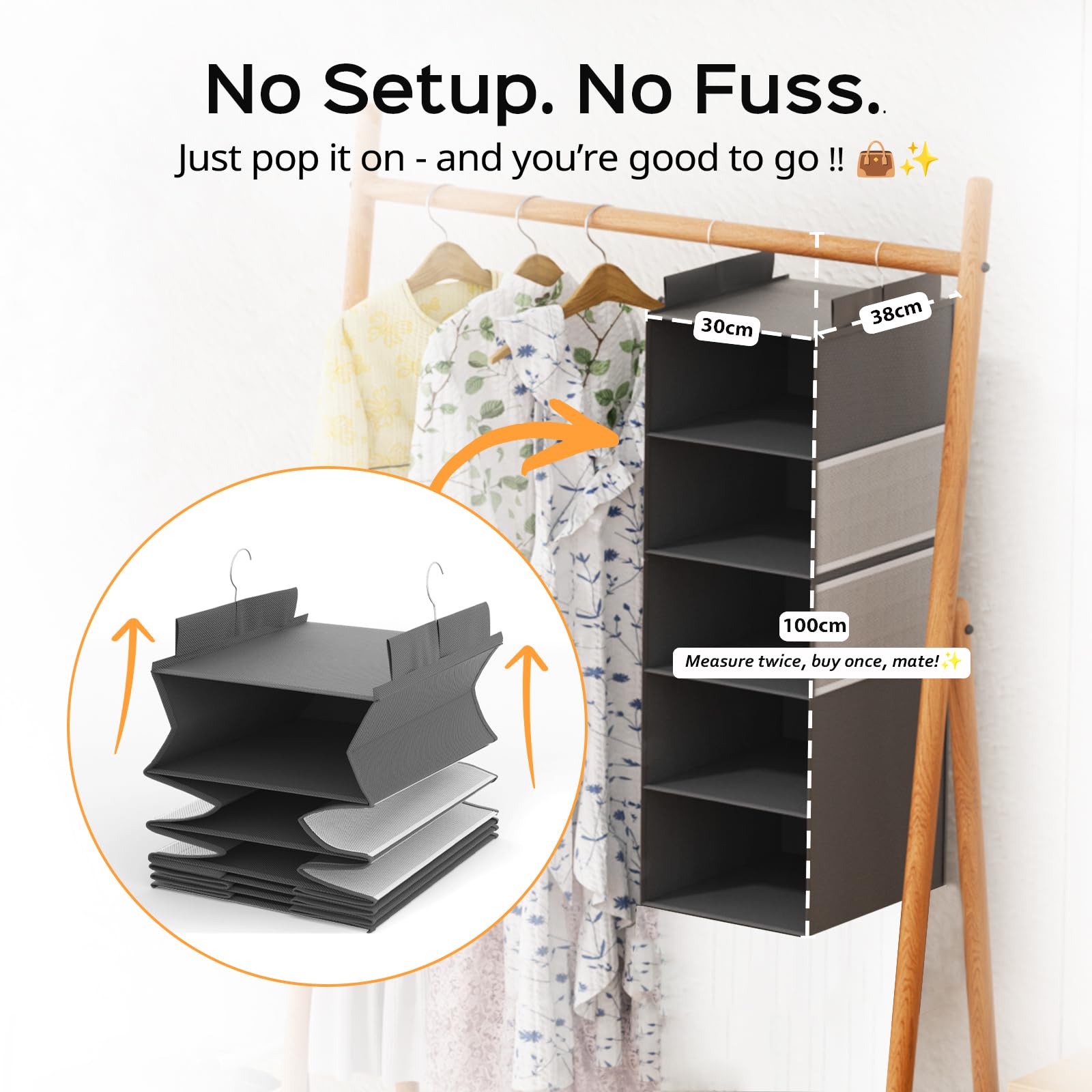 ALLTIDYUP Organizador de armario colgante extra profundo, paquete de 2 (gris, 5 niveles)