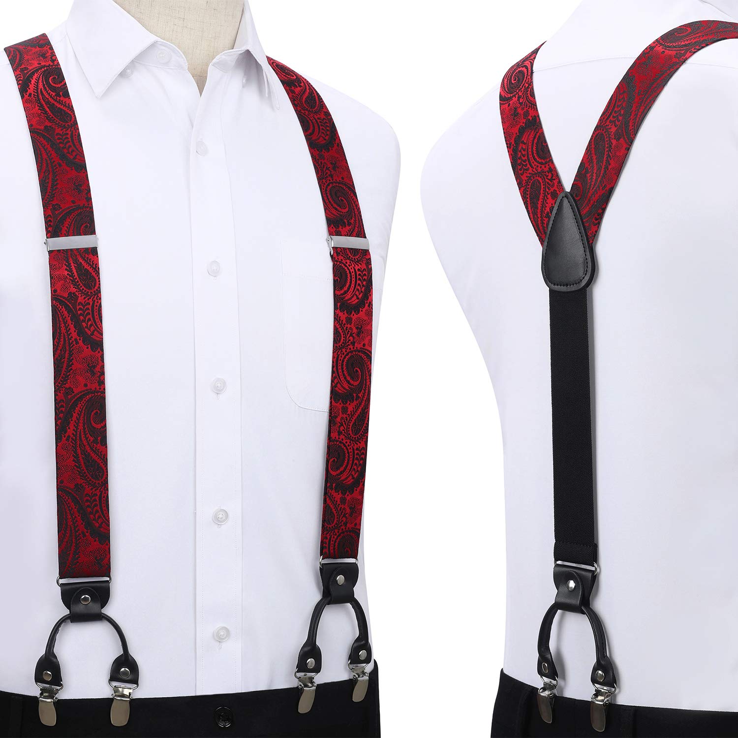HISDERN Bretelles pour Hommes avec de tres fortes 6 Clips Heavy Duty Y Suspenders Style Reglable Jarretelle Papillon Mouchoir Set