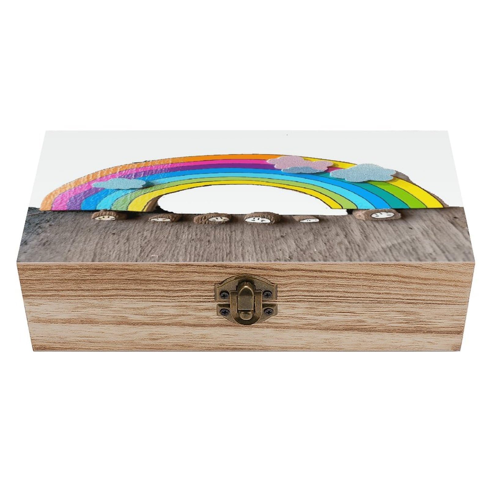FekiLoot Natural Wooden Keepsake Box with Hinged Lid, 8x4 Inch Small Rainbow Memory Box, Wood Jewelry Organizer & Trinket Holder, Gift for Men Women Anniversary Wedding