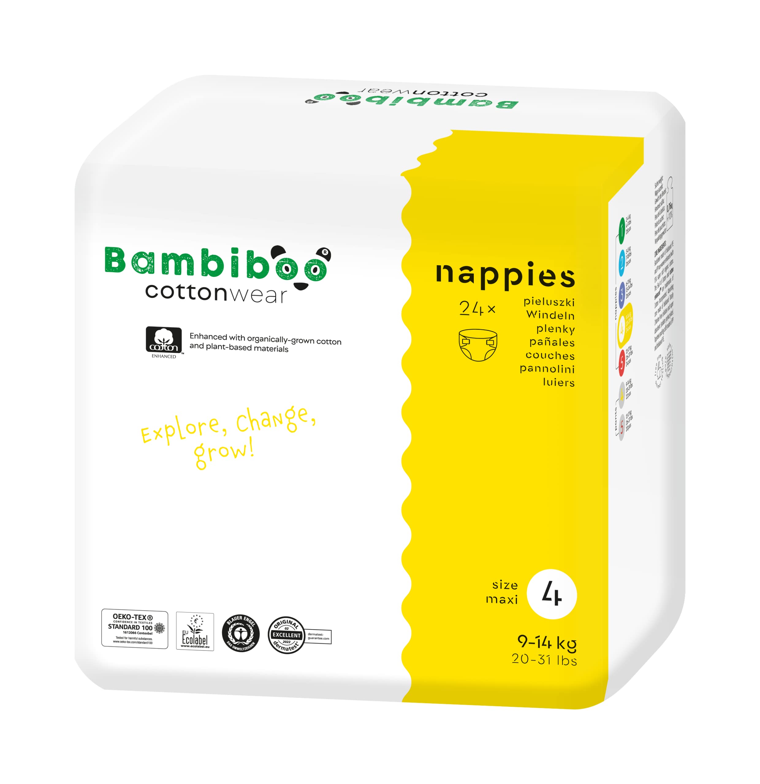 Bambiboo - COTTONWEAR pieluchy dla niemowląt – jednorazowe pieluchy – rozmiar 4 Maxi (9-14 – z bawełną organiczną, roślinami, wskaźnikiem wilgotności, falbankami 3D – bez substancji zapachowych, bez