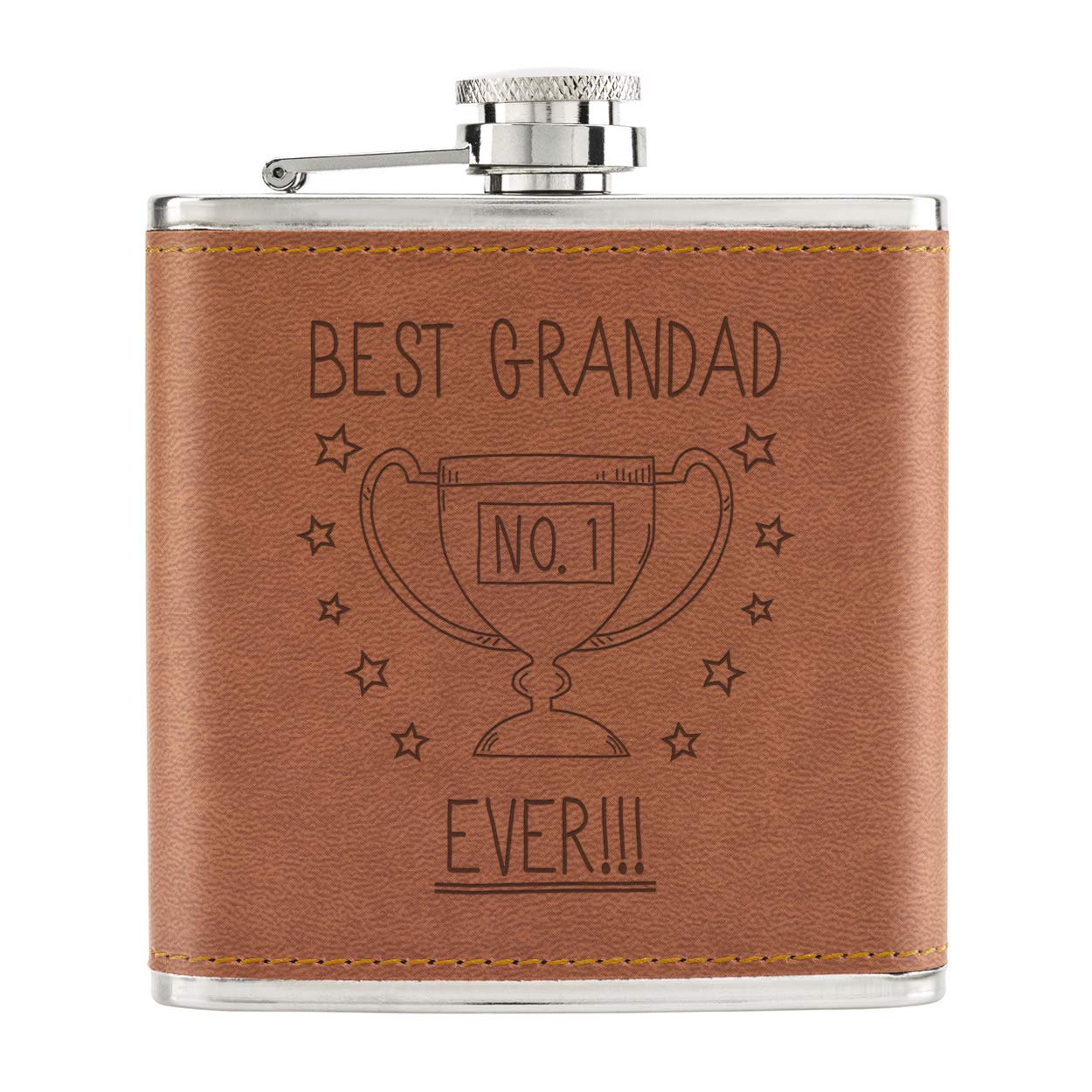 Best Grandad Ever No.1 Trophy 6oz PU Leather Hip Flask Tan