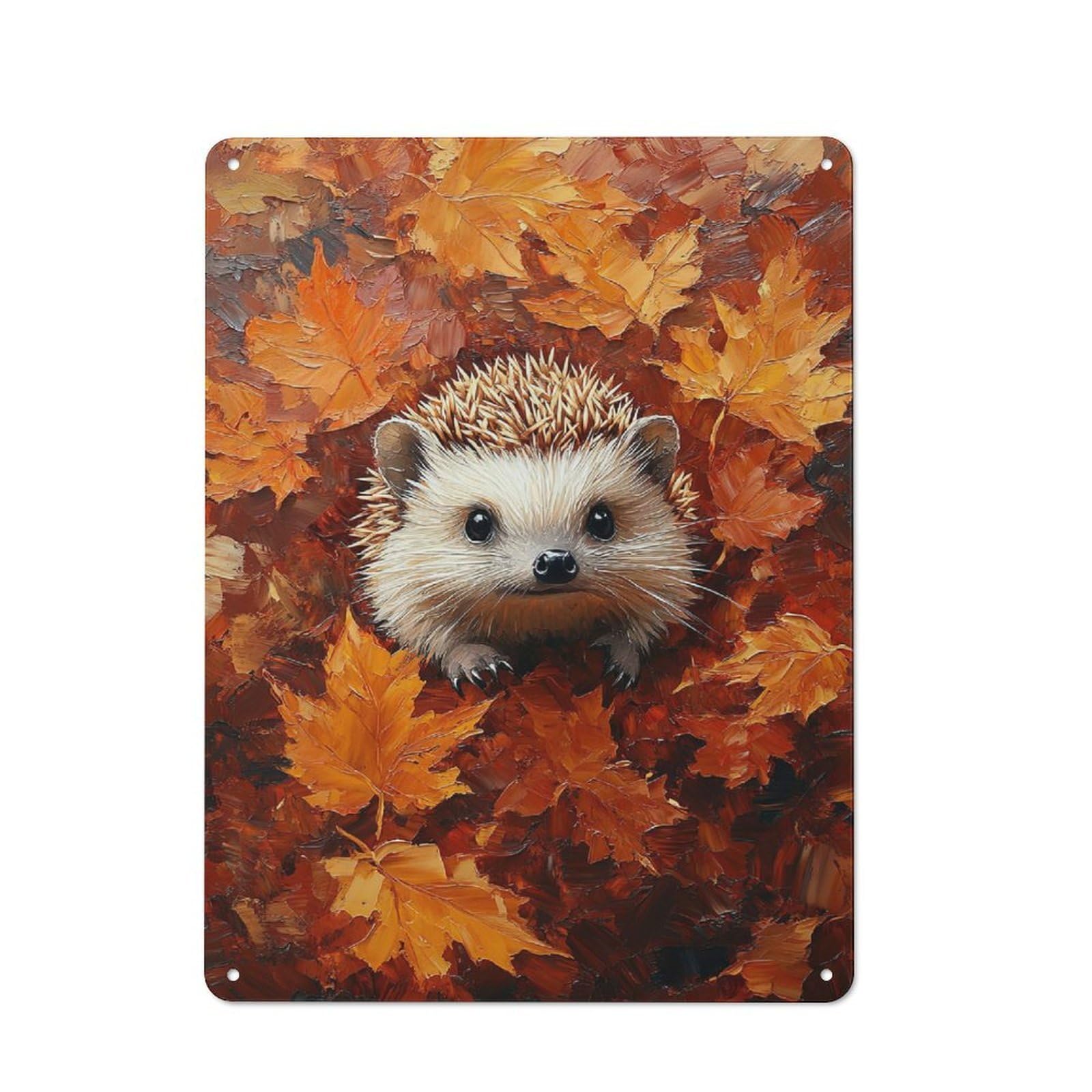 Country Style Hedgehog in Autumn Leaves Decorative Metal Sign 40x30cm, Bistro Wall Plaque for Restaurant, Kitchen, Counter Or Breakfast Nook