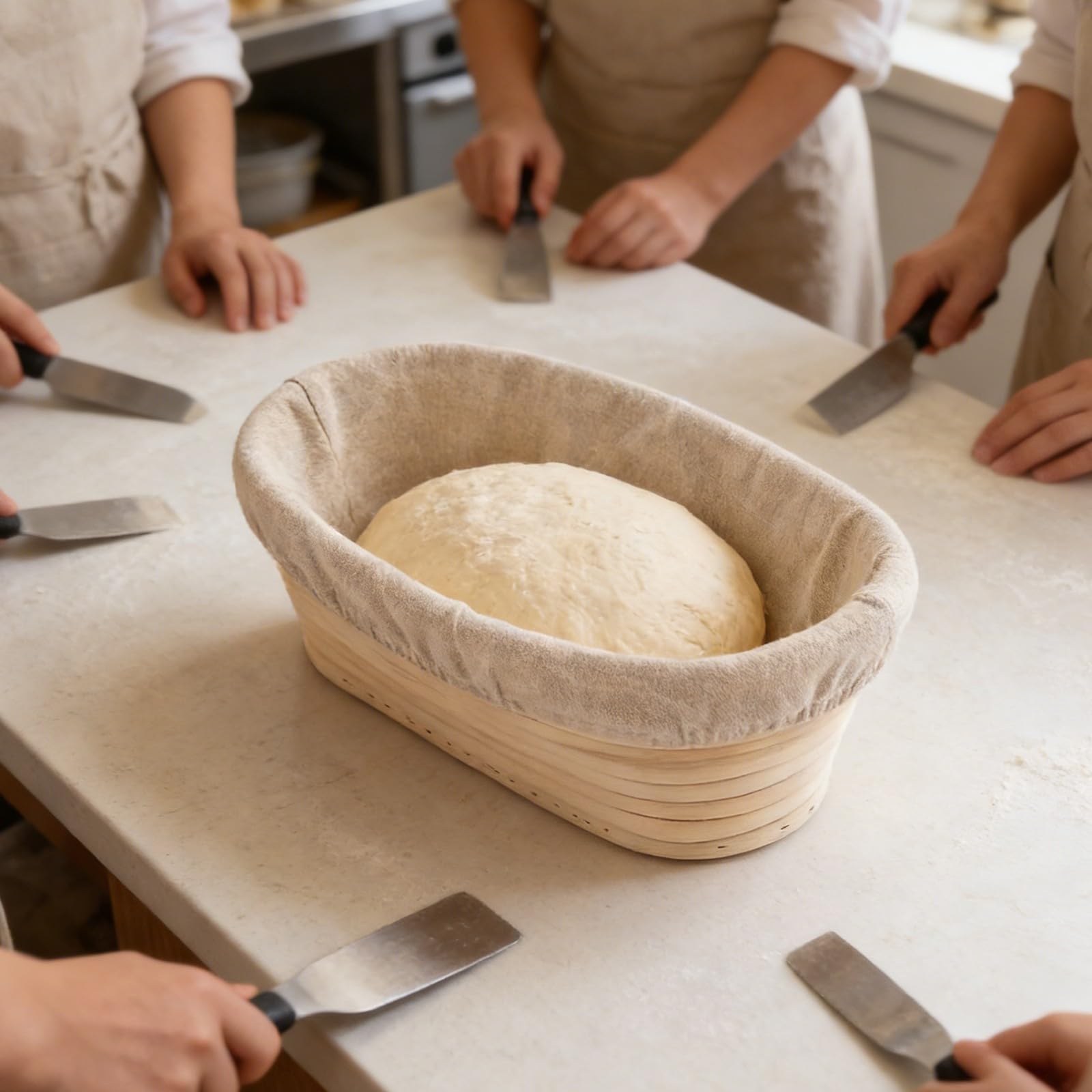 Paquete de 2 cestas ovaladas con forro de lino para hornear masa madre, decímetro, cesta elevadora de pan, cesta profesional de fermentación de panadero, juego tradicional de prueba de pan