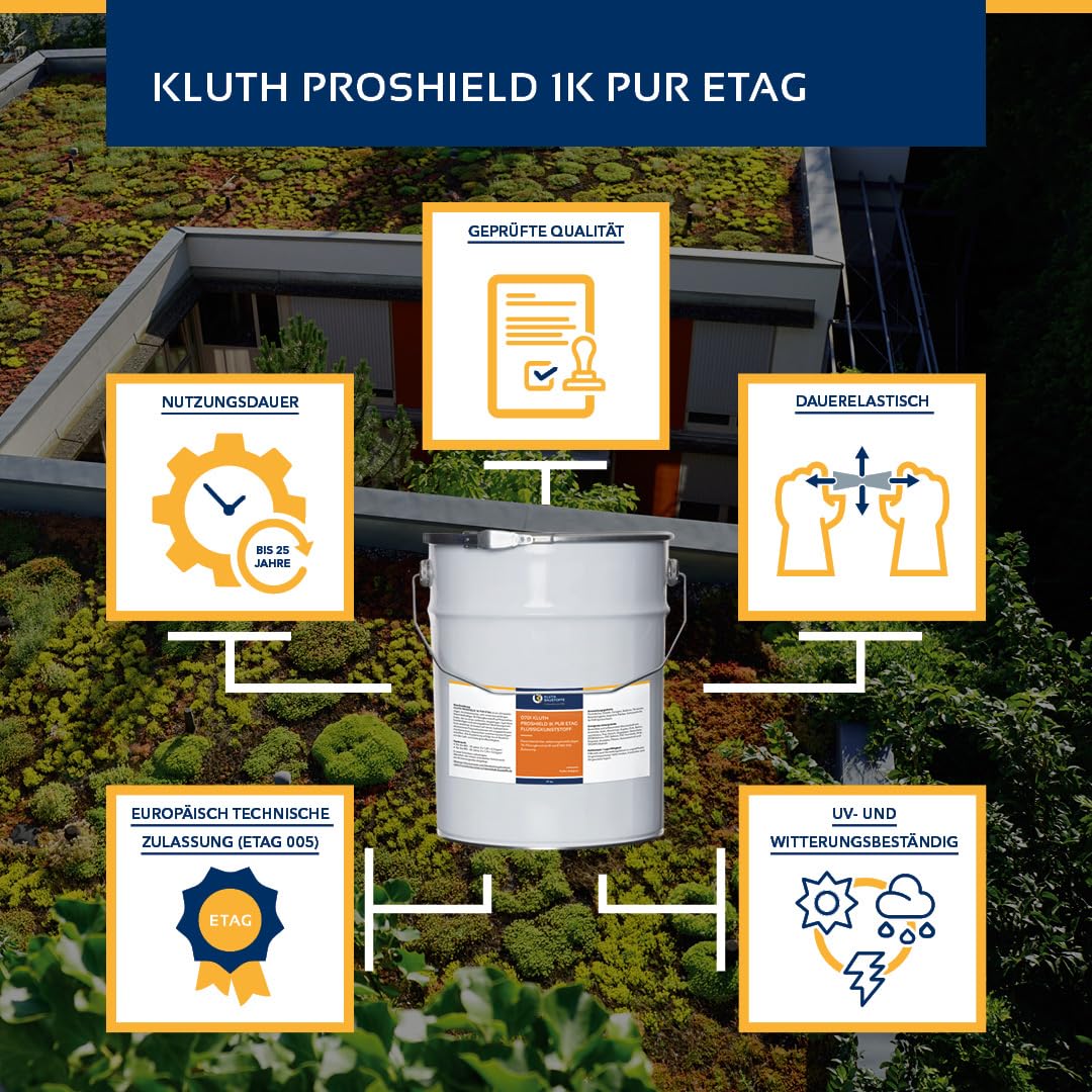 Kluth PROSHIELD 1K PUR ETAG Flüssigkunststoff - 6kg - Abdichtung für Flachdach, Balkon, Detailanschlüsse und Bauelemente - hellgrau