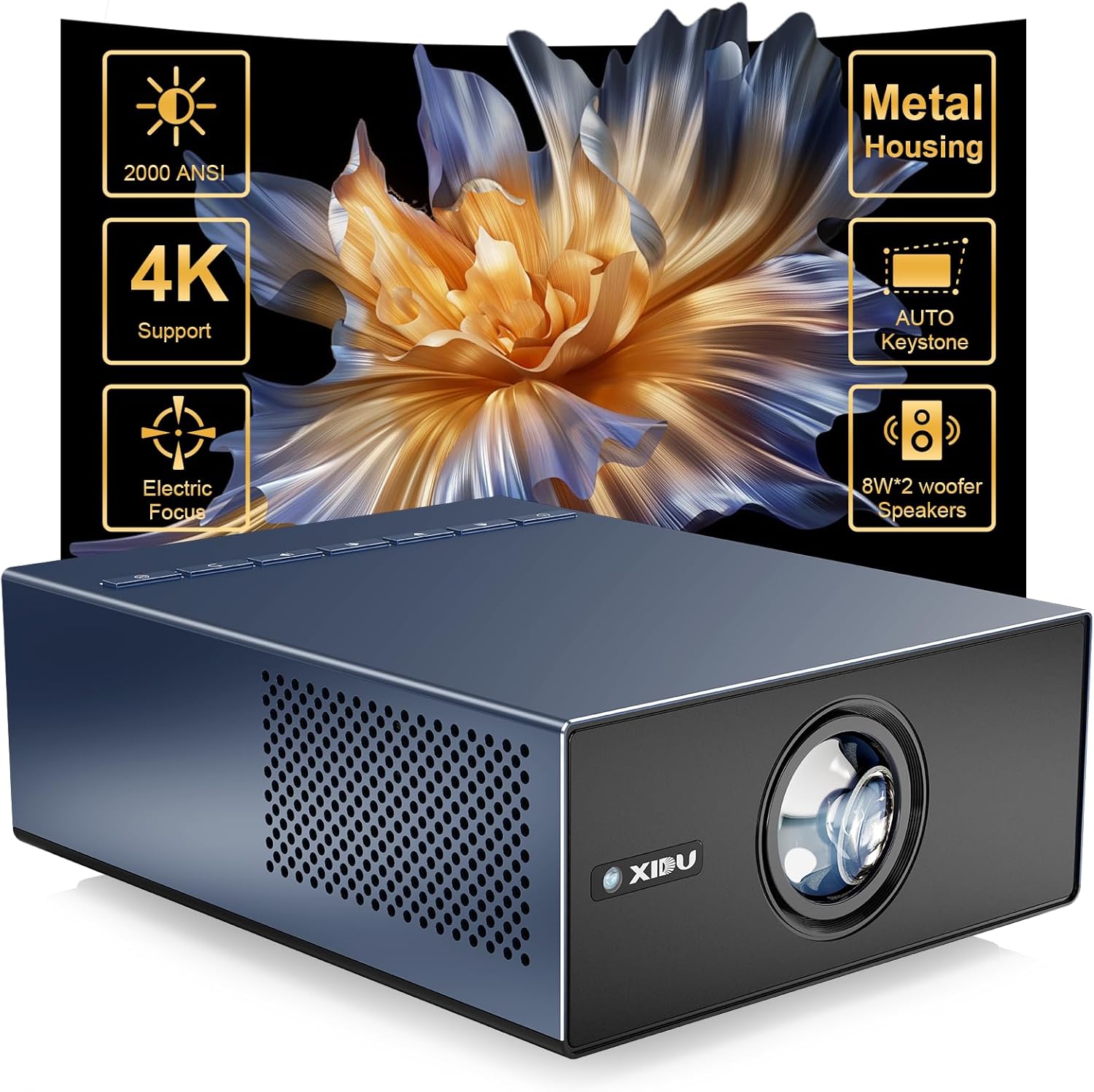 Portable Projector with WIFI and Bluetooth [Metal/2000ANSI/Native 1080P/Wireless Casting/Electric Focus/Auto Keystone]4K Outdoor Movie proyector for Home,Fire TV stick,iOS,Android,Laptop (Naval)
