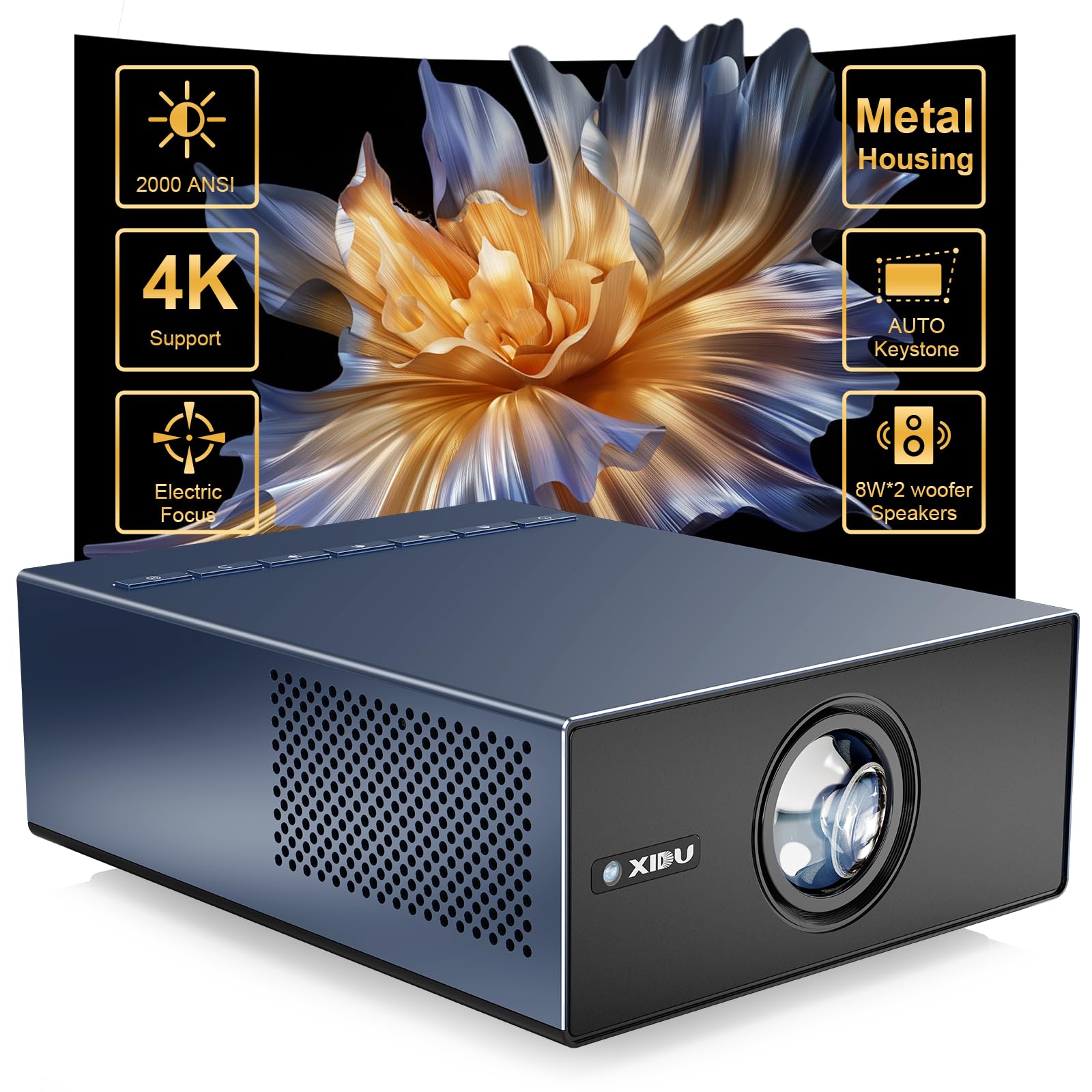 4K Projector with WIFI and Bluetooth, XIDU 2000ANSI Electric Focus Aluminum Alloy Projector, Auto Keystone 1080P Movie proyector, Dual 8W Speaker, Home Theater Portable Projecter for Phone (Naval)