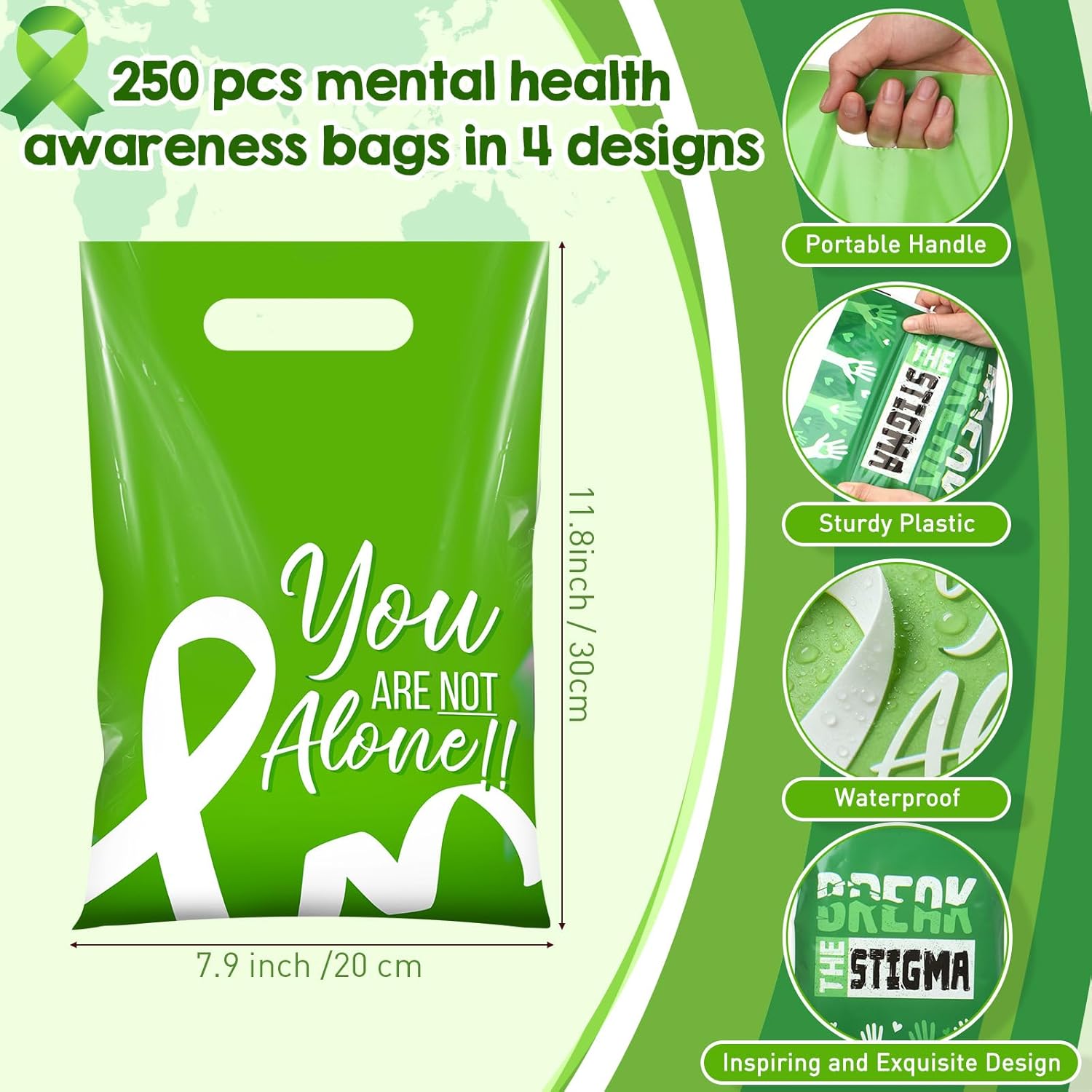 Funrous 250 Pcs Mental Health Awareness Gift Bags Bulk, Mental Health Plastic Goodie Bags with Handle Green Ribbons Treat Party Favor Handbag for Campaign Fundraiser Event Items Decorations Supplies