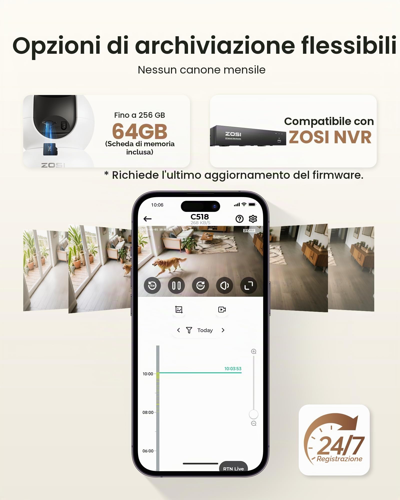 ZOSI 4K Telecamera di Sorveglianza WiFi per Interni con Scheda da 64 GB, WiFi 2,4/5 GHz, Visione a 360°, Rilevamento AI per Bambini/Animali Domestici, Audio Bidirezionale, Chiamata con un Tocco, C518 | Rilevamento e tracciamento di persone/animali domesti