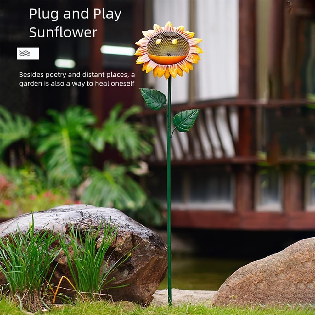 Sturdy Sunflower Bird Feeder Tray - Metal Construction Outdoor Garden, Stable Ground Stake Feeding & Watering Birds