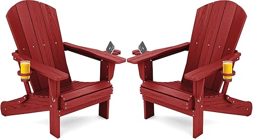 SERWALL - Juego de 2 sillas Adirondack compuestas con portavasos, de polietileno de alta densidad, para exteriores y todo tipo de clima, color rojo