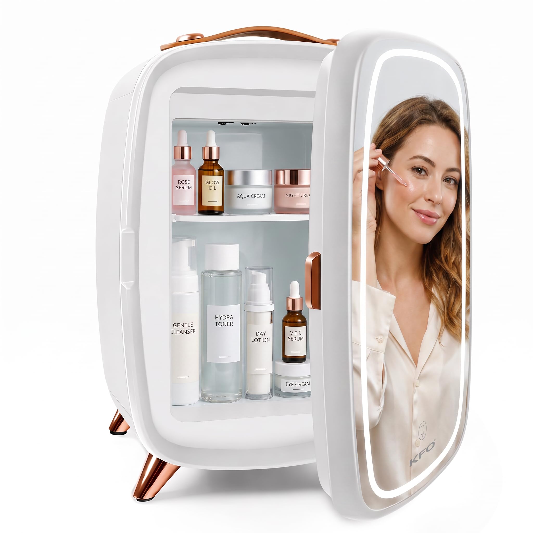 KFO Mini Kosmetik Kühlschrank 6L, Ultra-Leise (20 dB) mit LED-Spiegel für Skincare & Make-up, klein Kühlschrank für Hautpflege im Schlafzimmer und Badezimmer（Weiß） Elektro-Großgeräte