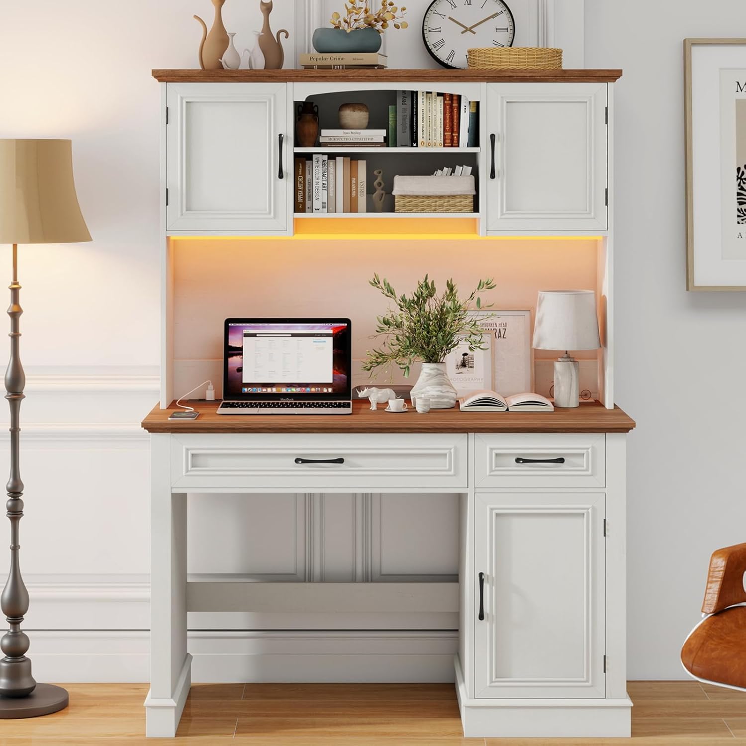 Farmhouse 47\" Executive Desk with Hutch, 2 Drawers and LED Light, Computer Desk with Storage Cabinet and Charging Station,Workstation for Home Office and Study.Unique White 47\" with Barn Doors & LED Lights Unique White