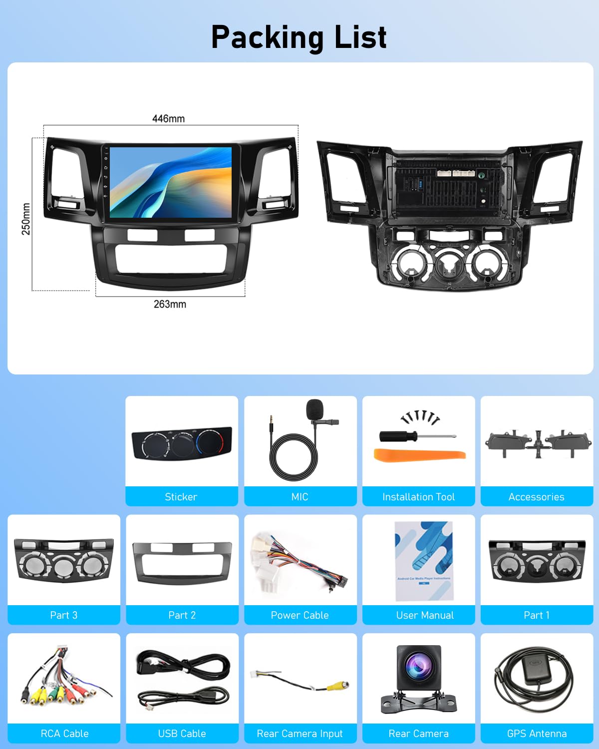 NHOPEEW 2G+64G Android Autoradio per Toyota Hilux 2005-2014 - Senza fili Carplay e Android Auto - 9 pollici Android Stereo con WiFi EQ GPS Mirror Link FM RDS + AHD Telecamera posteriore&Mic
