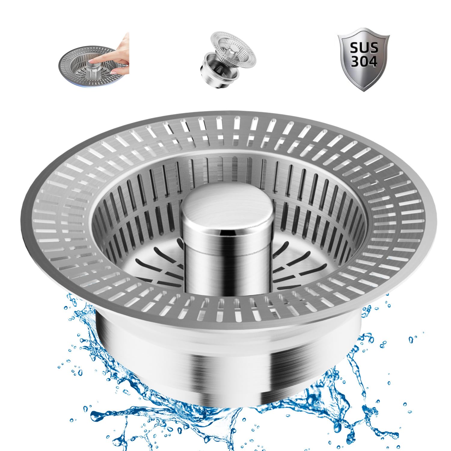 3-in-1 Abflusssieb & Stopfen Aus Edelstahl – Für US-Spülen (8,9 Cm Loch), Pop-up, Geruchshemmend
