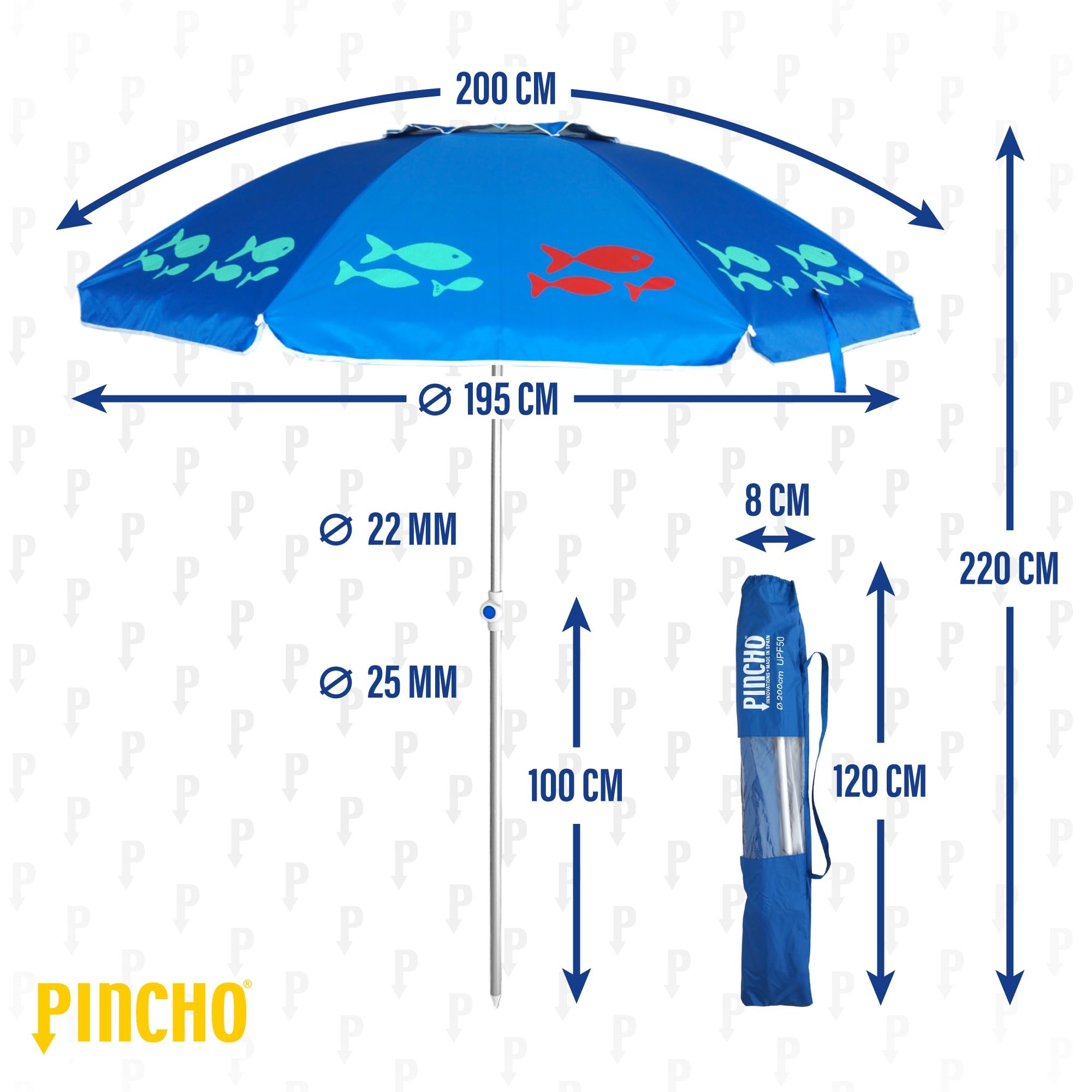 Pincho Ombrellone da spiaggia antivento, 200 cm,grande ombrellone, tetto di ventilazione, protezione UV 50, materiali di qualità, la struttura in alluminio resistente, 8 stecche in fibra di vetro.