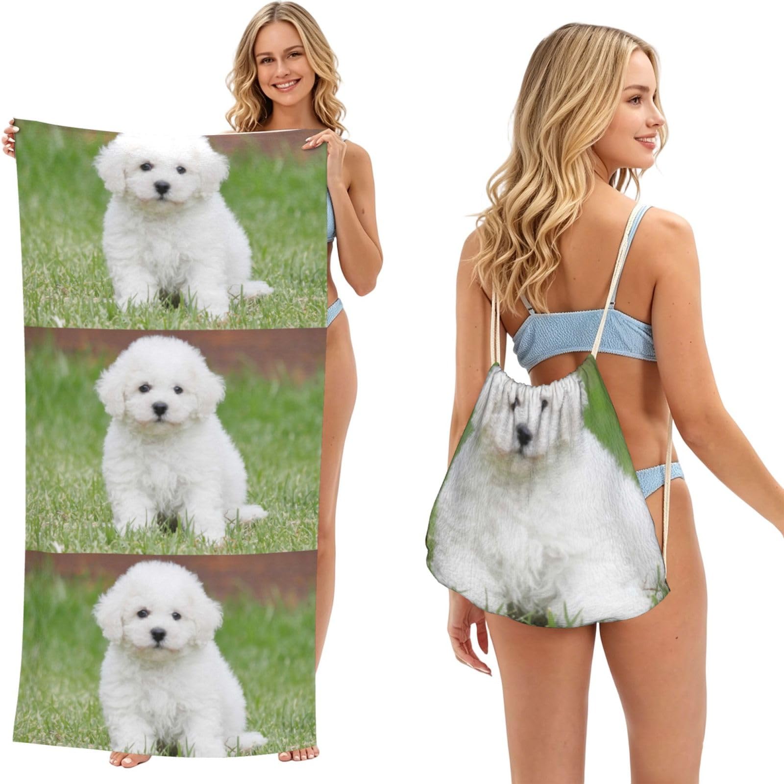 Poadnly As Picture Bichon Frise Dog Printed, 2 In 1 Packable Towel Bag, Beach Towels With Drawstring Backpack For Travel Holiday Camping