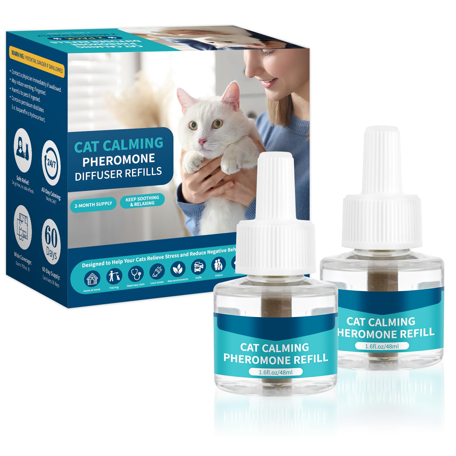 VICSOMCat Calming Diffuser Refills Kit, Cat Pheromones Calming Refill, 60 Days Anti Anxiety Relief Stress Long Calm Effect, 48ml Fit All Common Diffusers Plug in, 2 Pack
