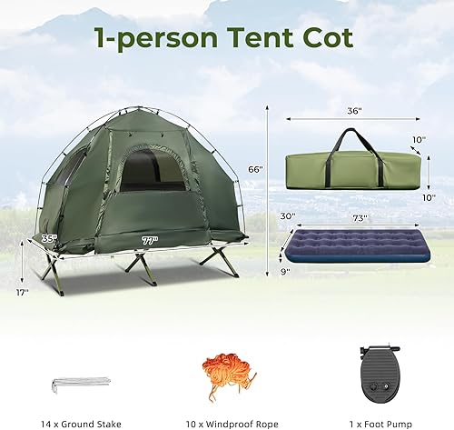 Miniatura 6 de GYMAX Catre plegable 5 en 1 con colchón y almohadas, sacos de dormir, sombrilla, tienda de campaña elevada con bolsa de transporte para senderismo