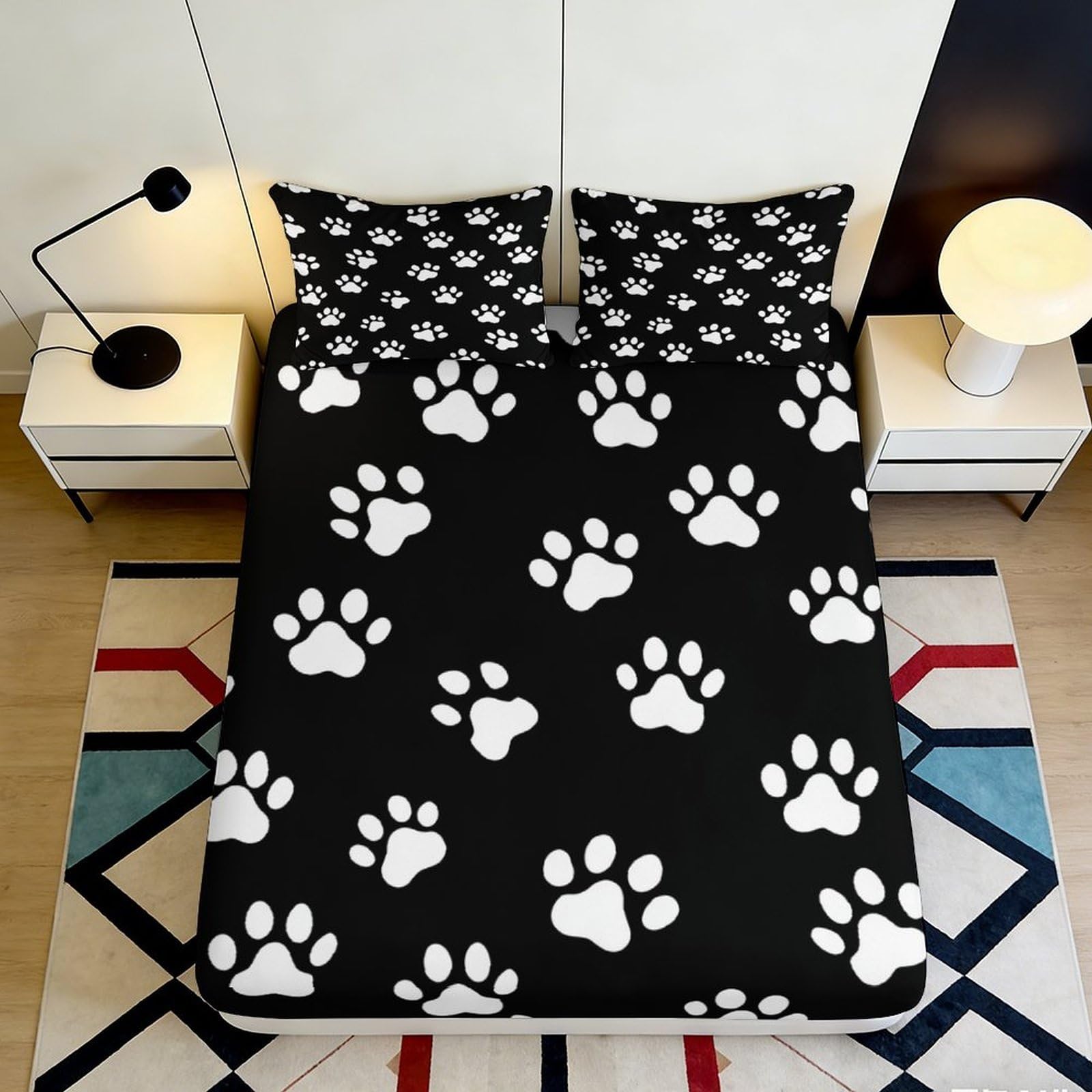 3D Printed Black Paw Fitted Sheet Microfiber Soft Breathable White Paw Mattress Cover for Bedroom Dorm Decor 90x200x25cm