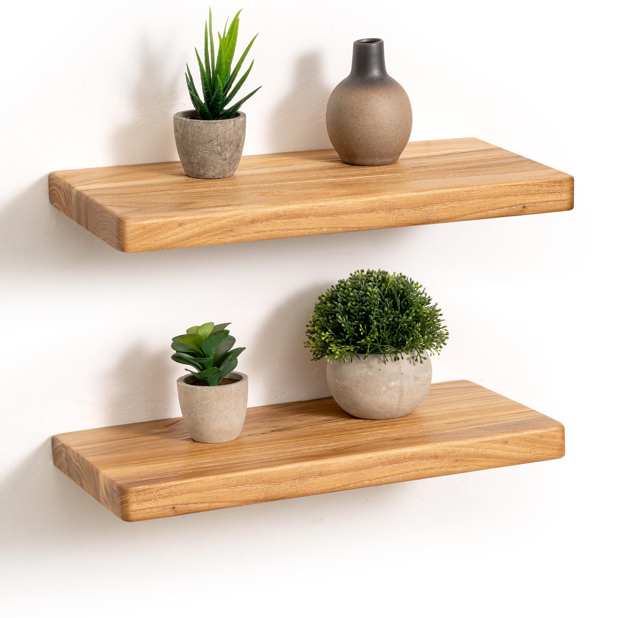 Fun Memories Floating Shelves, 40cm Rustic Elm Wood Wall Shelves, Wall Mounted Floating Shelf with Invisible Bracket for Living Room, Bedroom, Kitchen, Natural Finish Set of 2